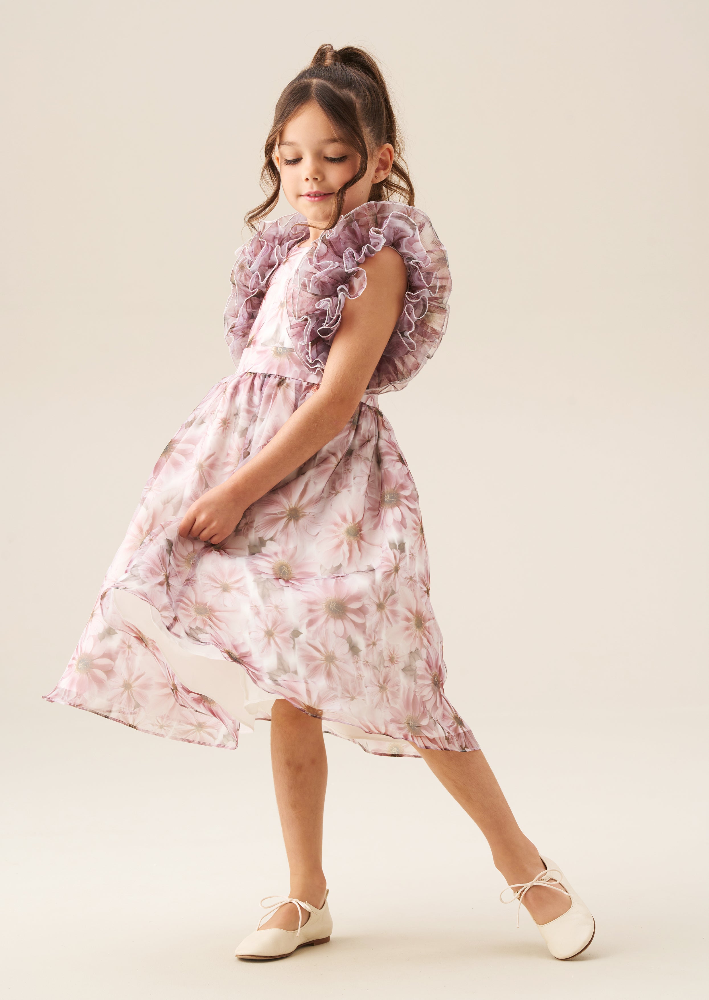 Flora Ruffle Sleeve Organza Print Dress