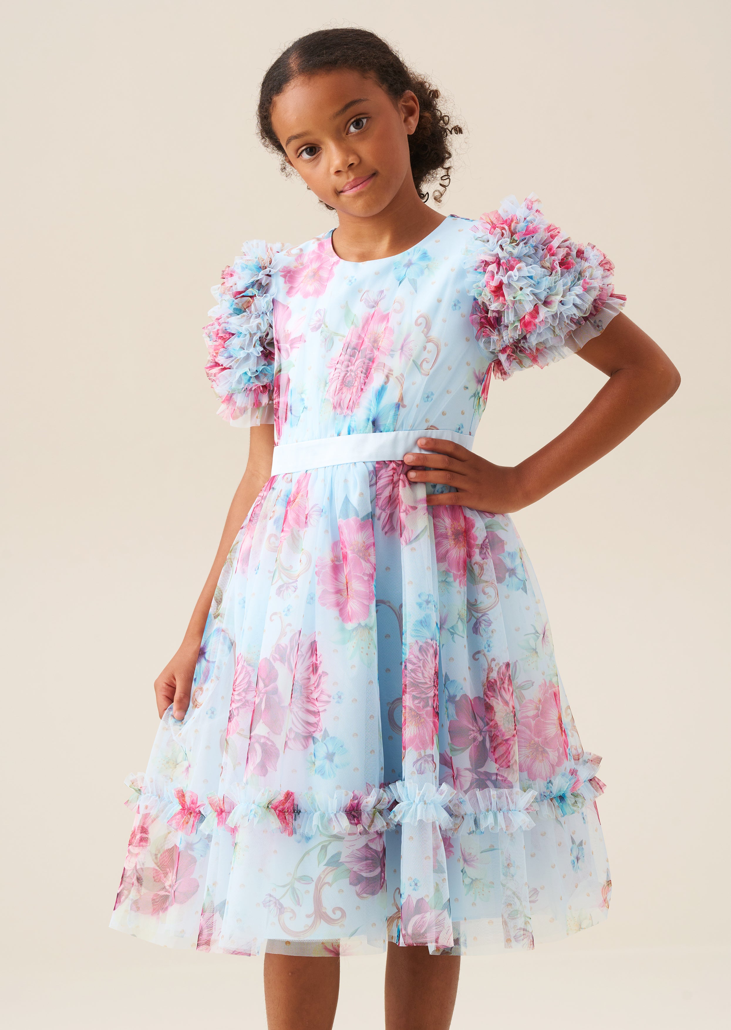 Florence Blue Ruffle Sleeve Mesh Dress