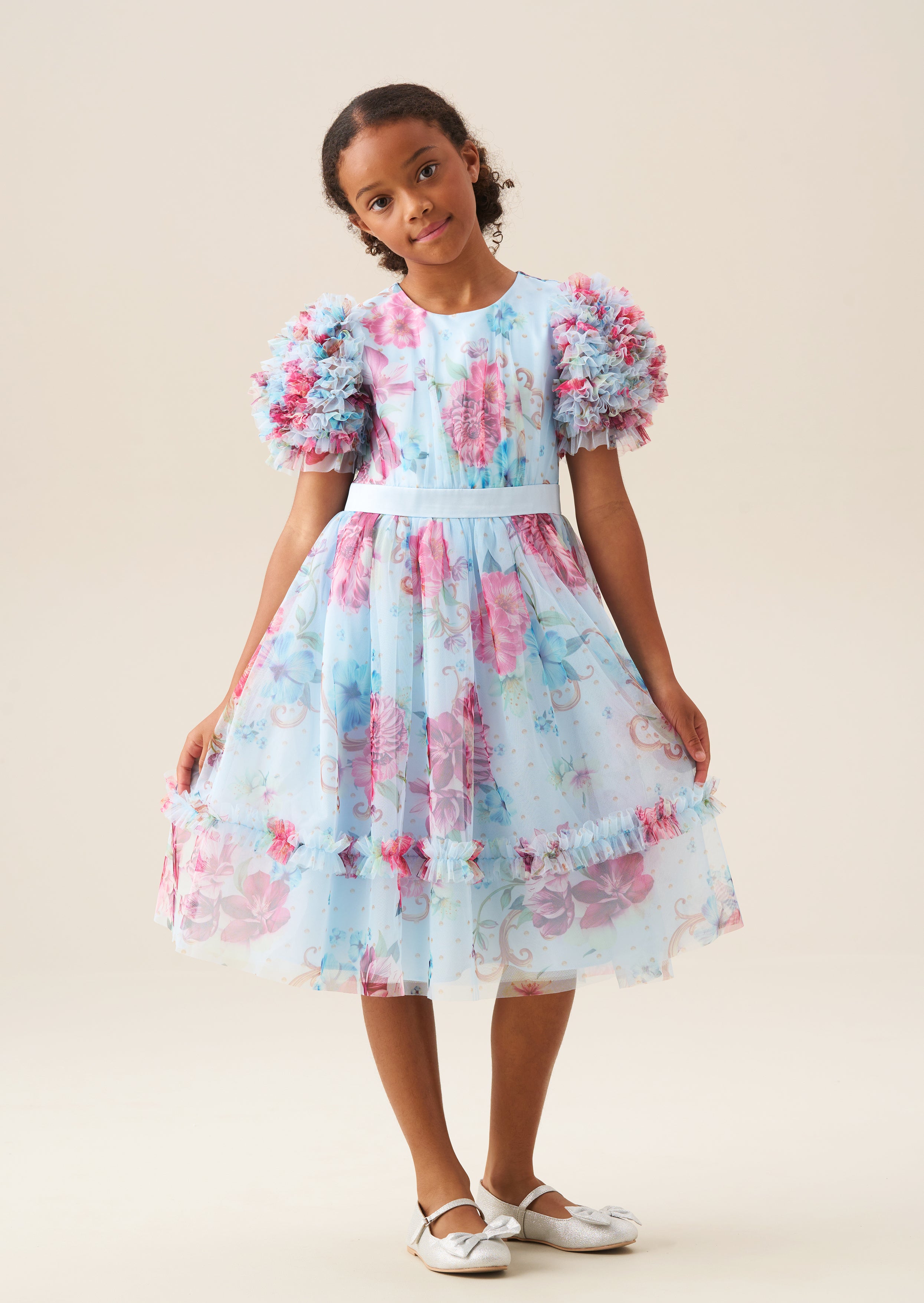 Girls Blue Floral Ruffle Sleeve Party Dress | Angel & Rocket
