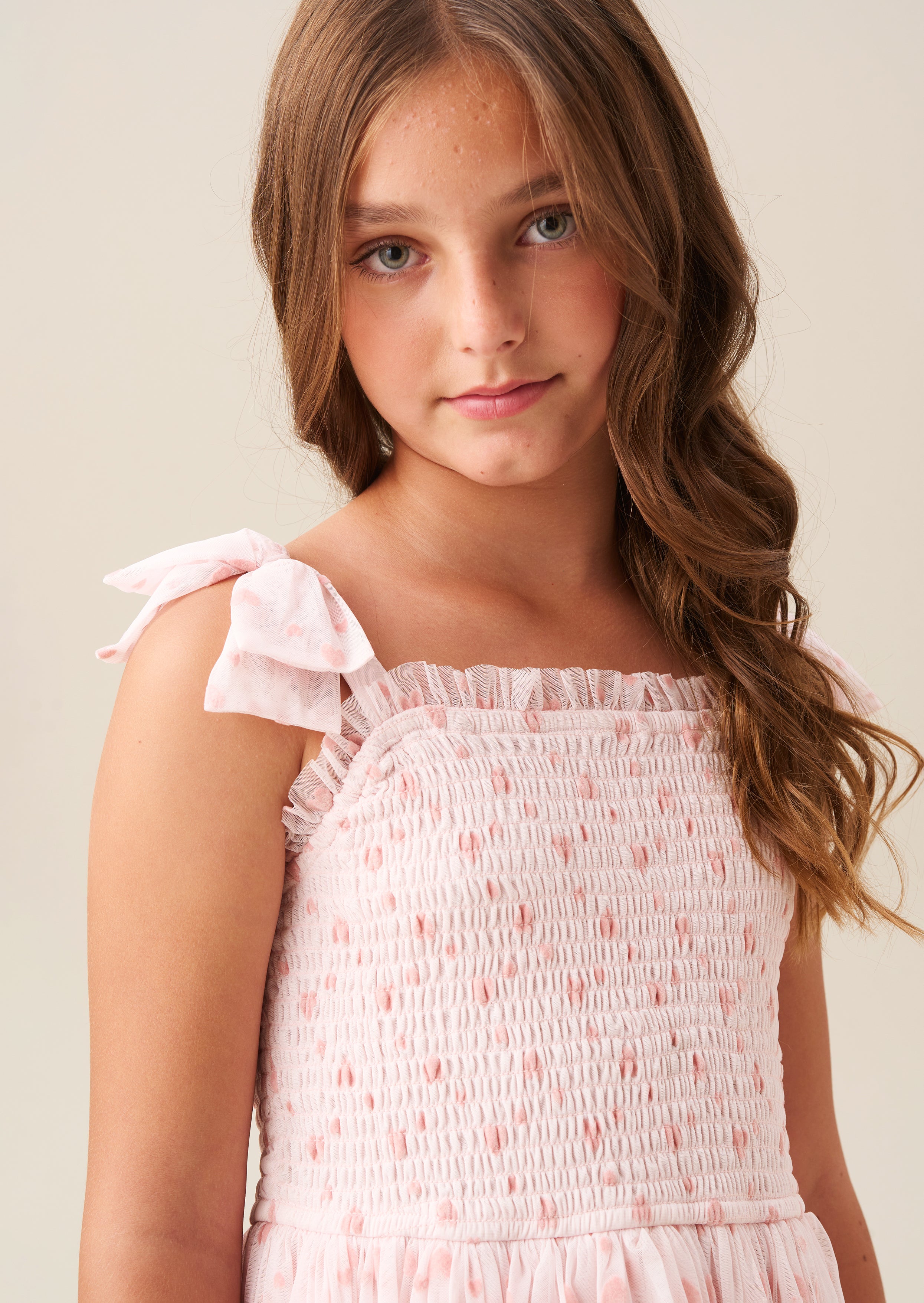 Vivi Heart Flock Tie Shoulder Mesh Dress