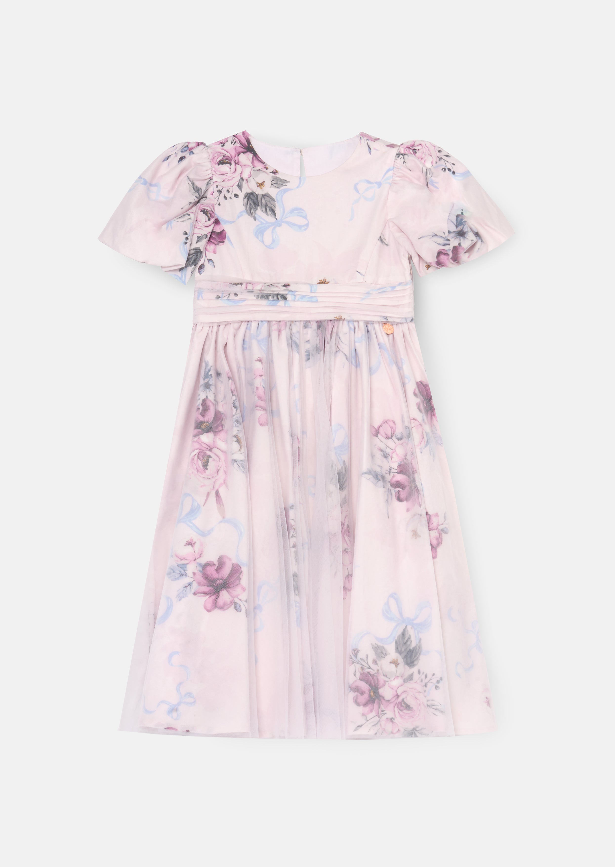 Vestito con stampa floreale e sovrapposizione in tulle rosa