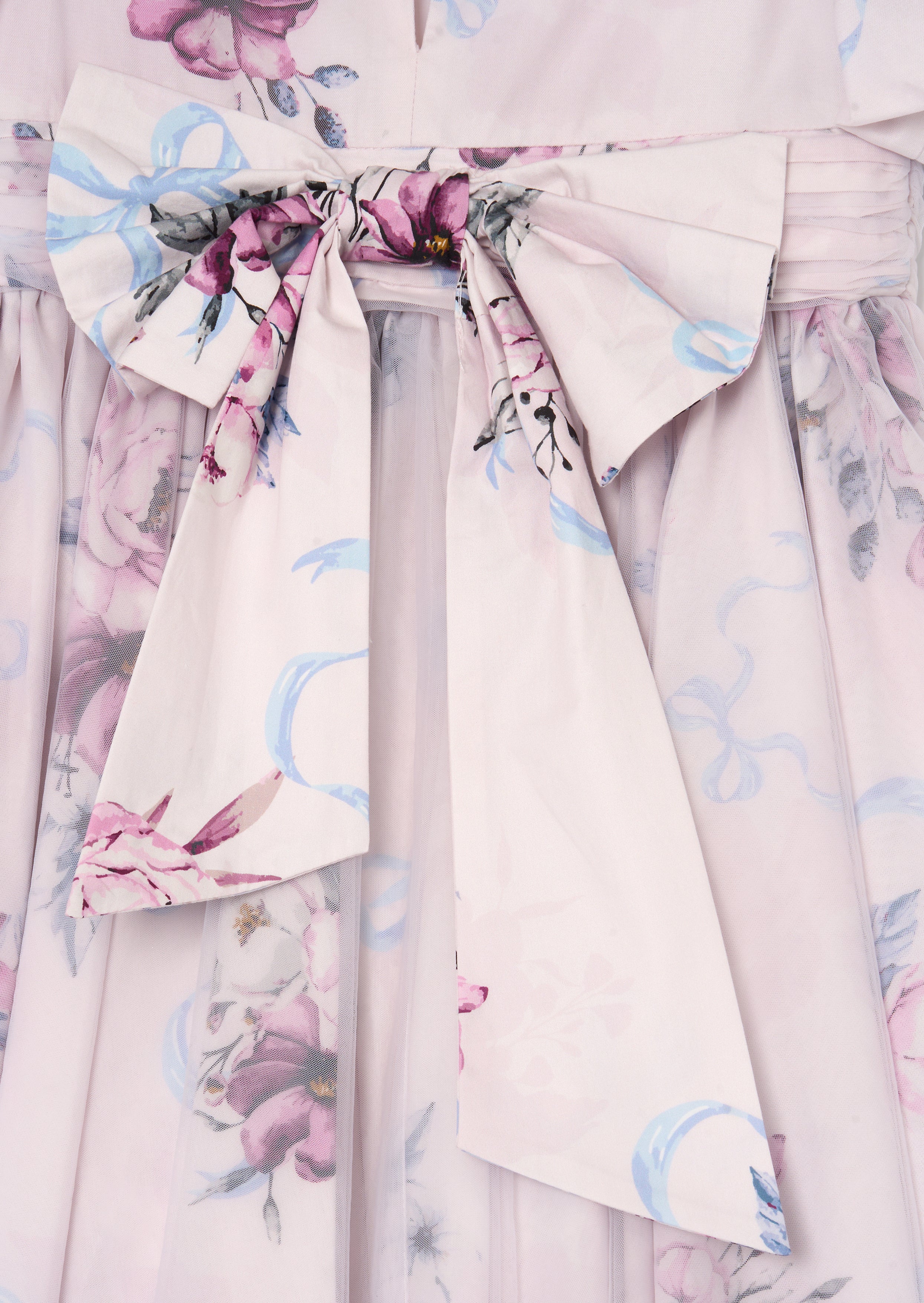 Vestito con stampa floreale e sovrapposizione in tulle rosa