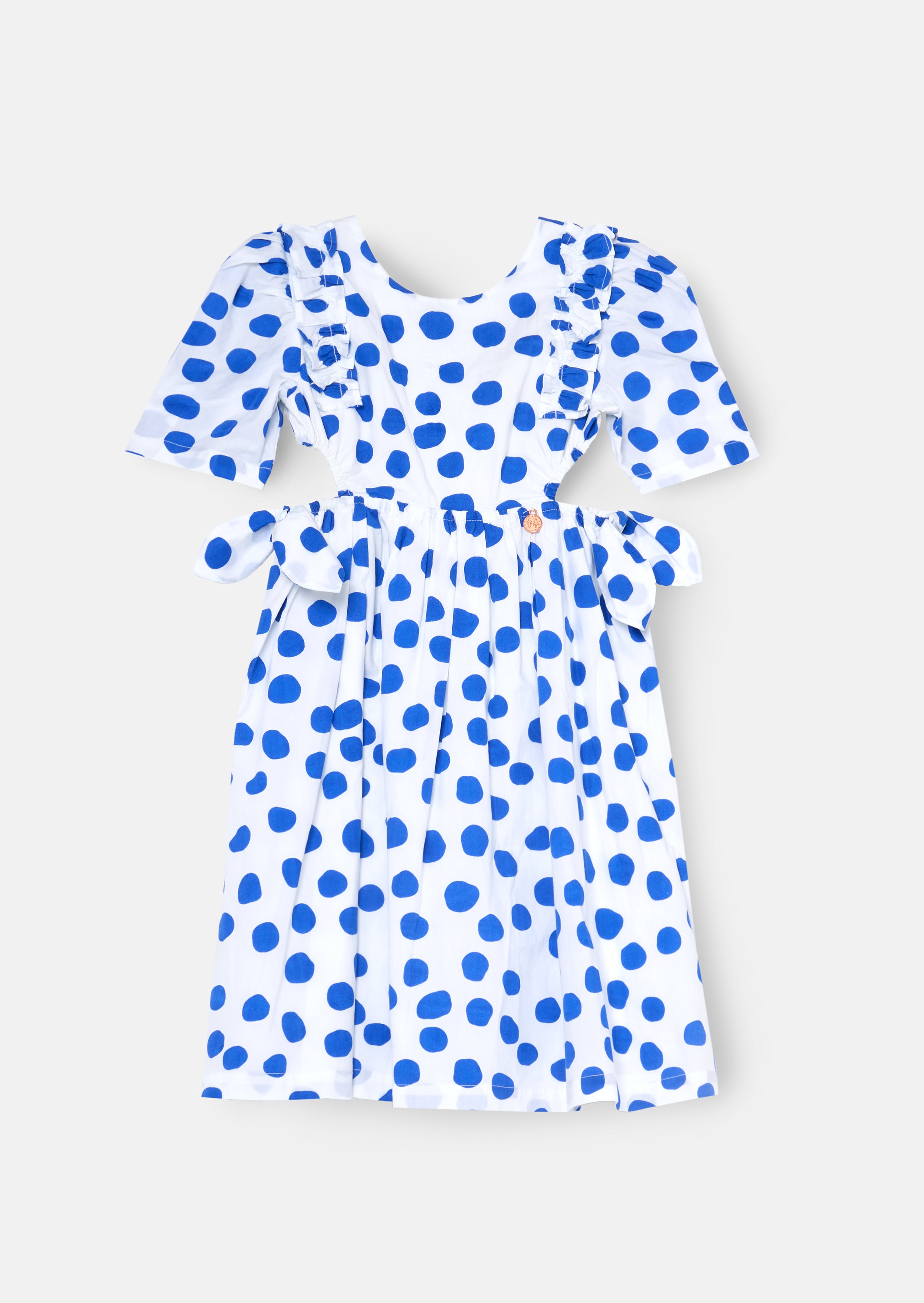 Robe Amara bleue à manches bouffantes et à pois