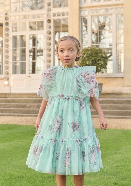 Robe en maille florale menthe rose