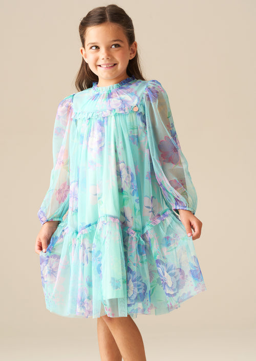 Robe imprimée marguerite à volants en maille menthe Beatrice