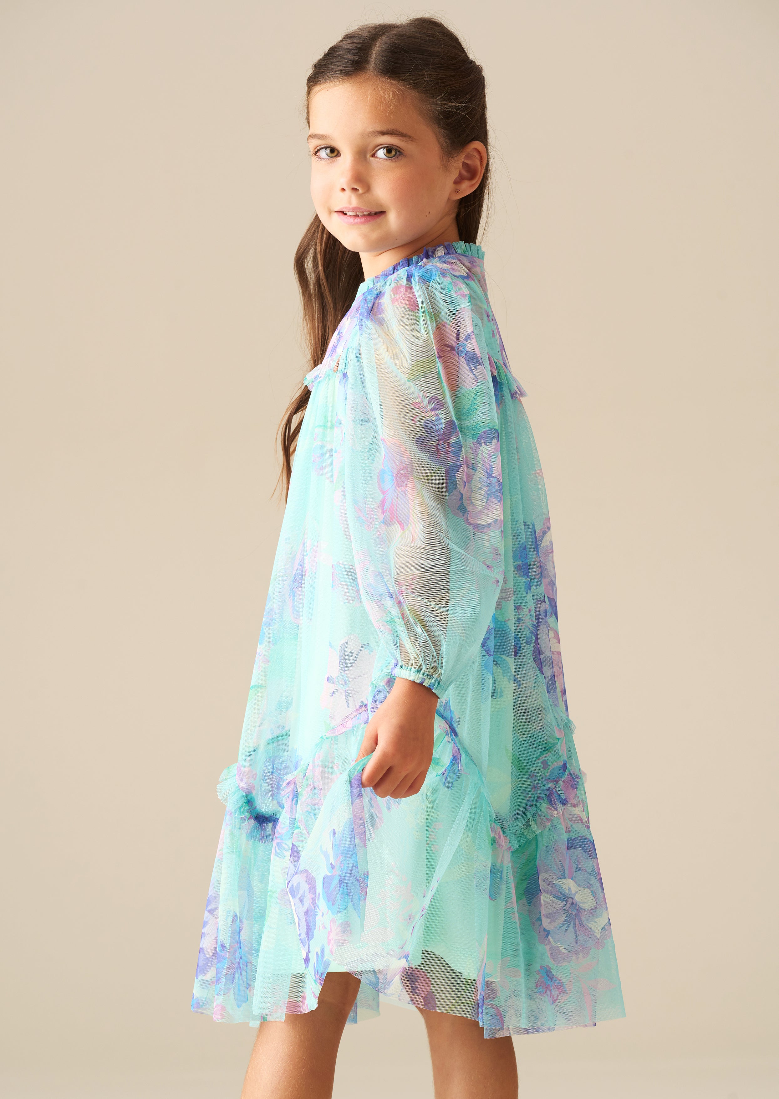 فستان بيتريس مينت شبكي بكشكشة بطبعة أقحوان