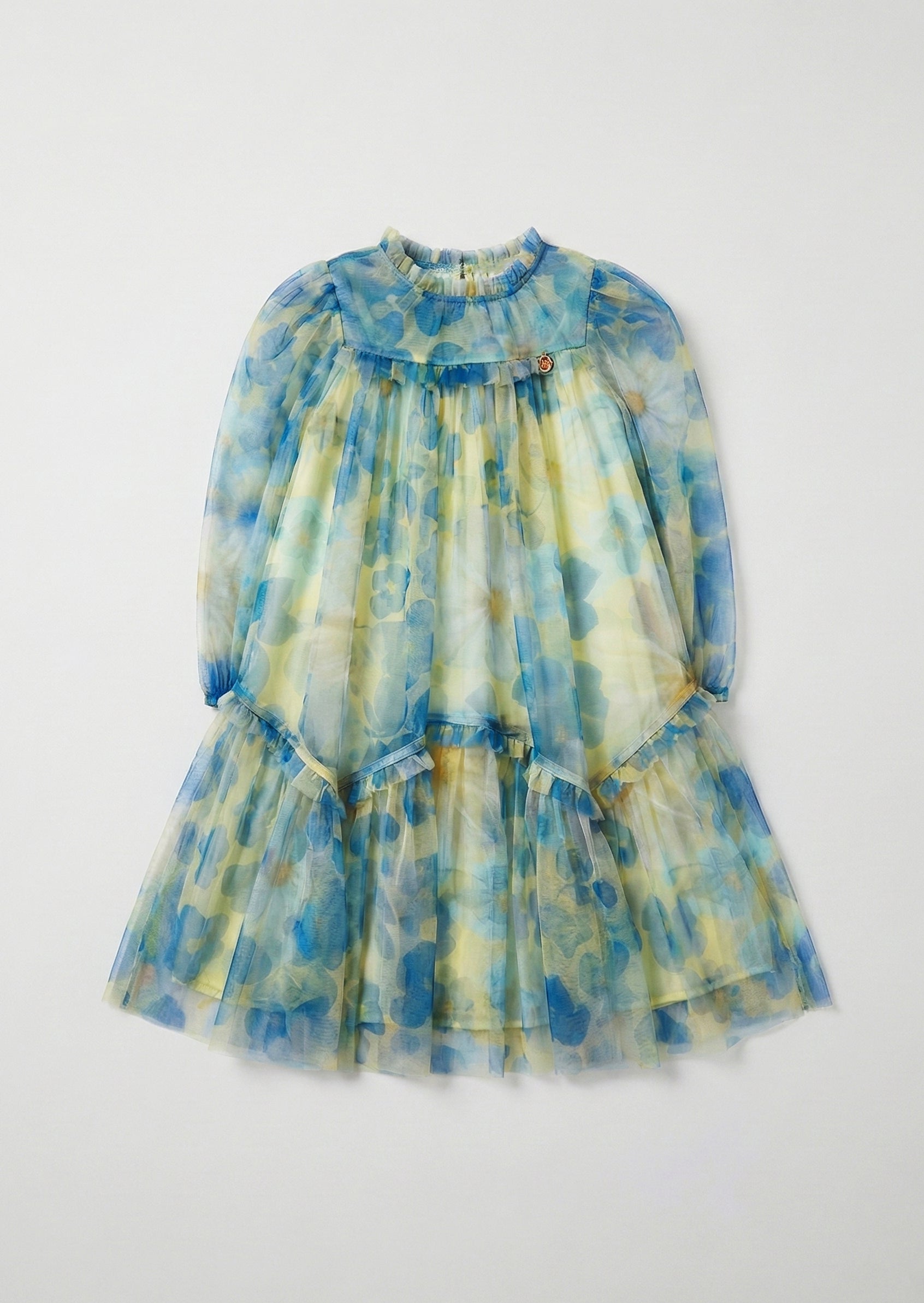 Beatrice Yellow Mesh Frill Daisy Print Dress