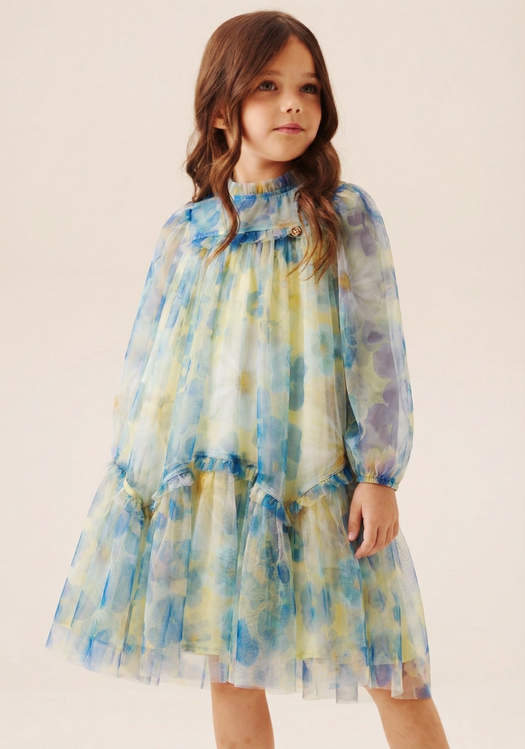 Beatrice Yellow Mesh Frill Daisy Print Dress