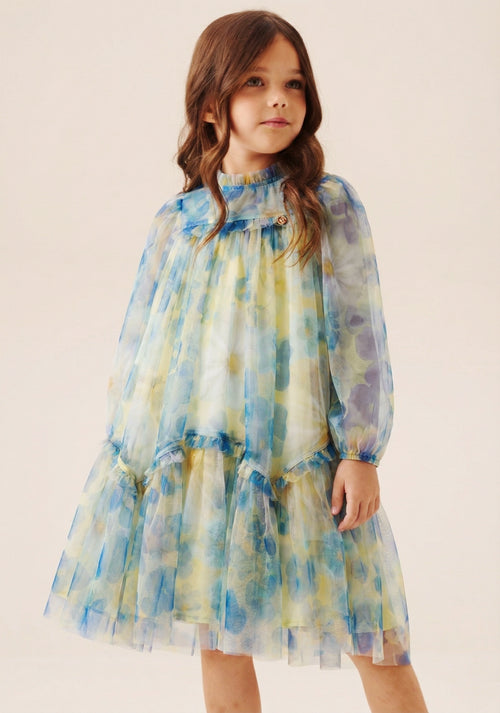 Robe Beatrice jaune en maille avec volants et imprimé marguerite