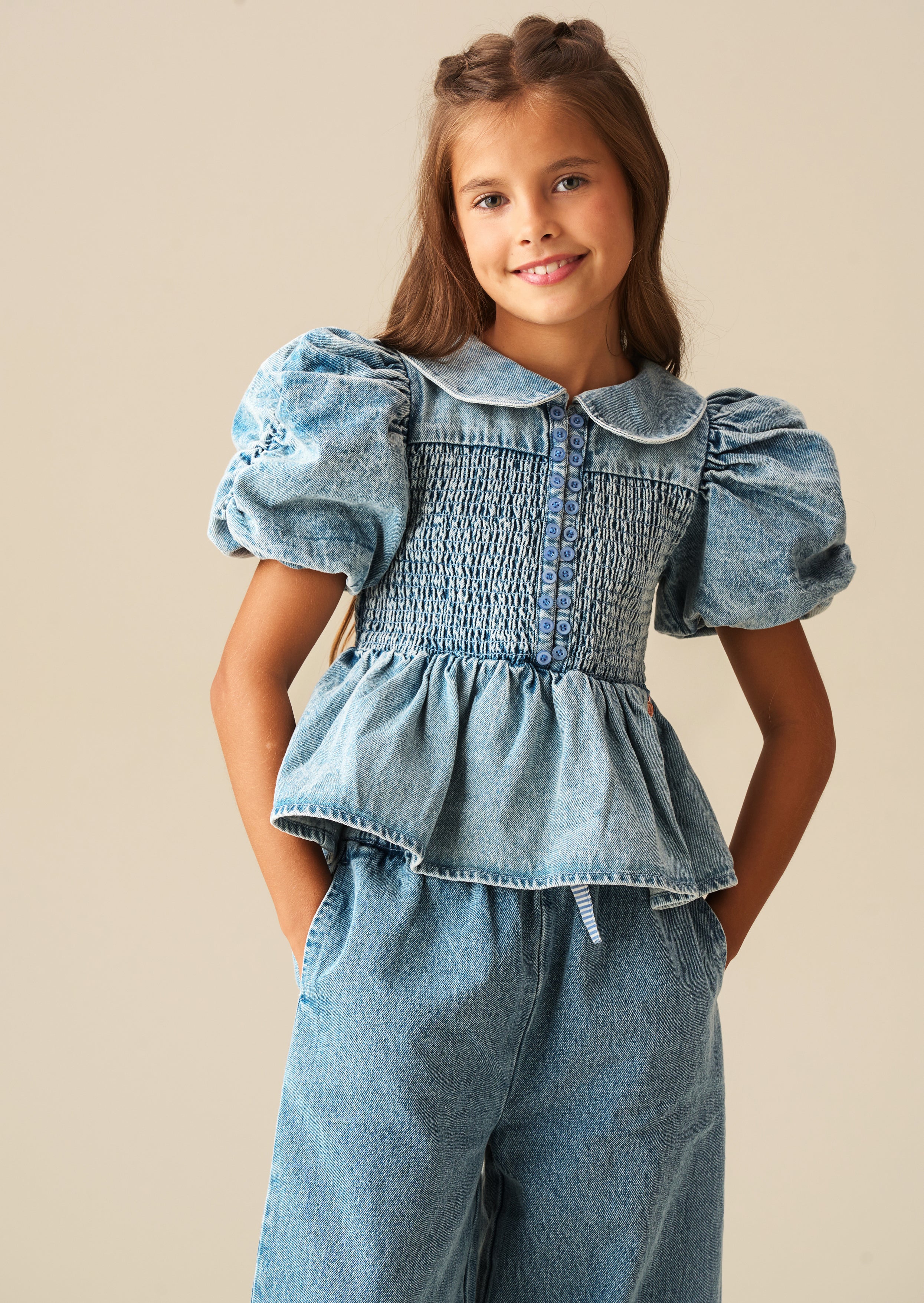 Orla Peter Pan Collar Shirred Denim Blouse