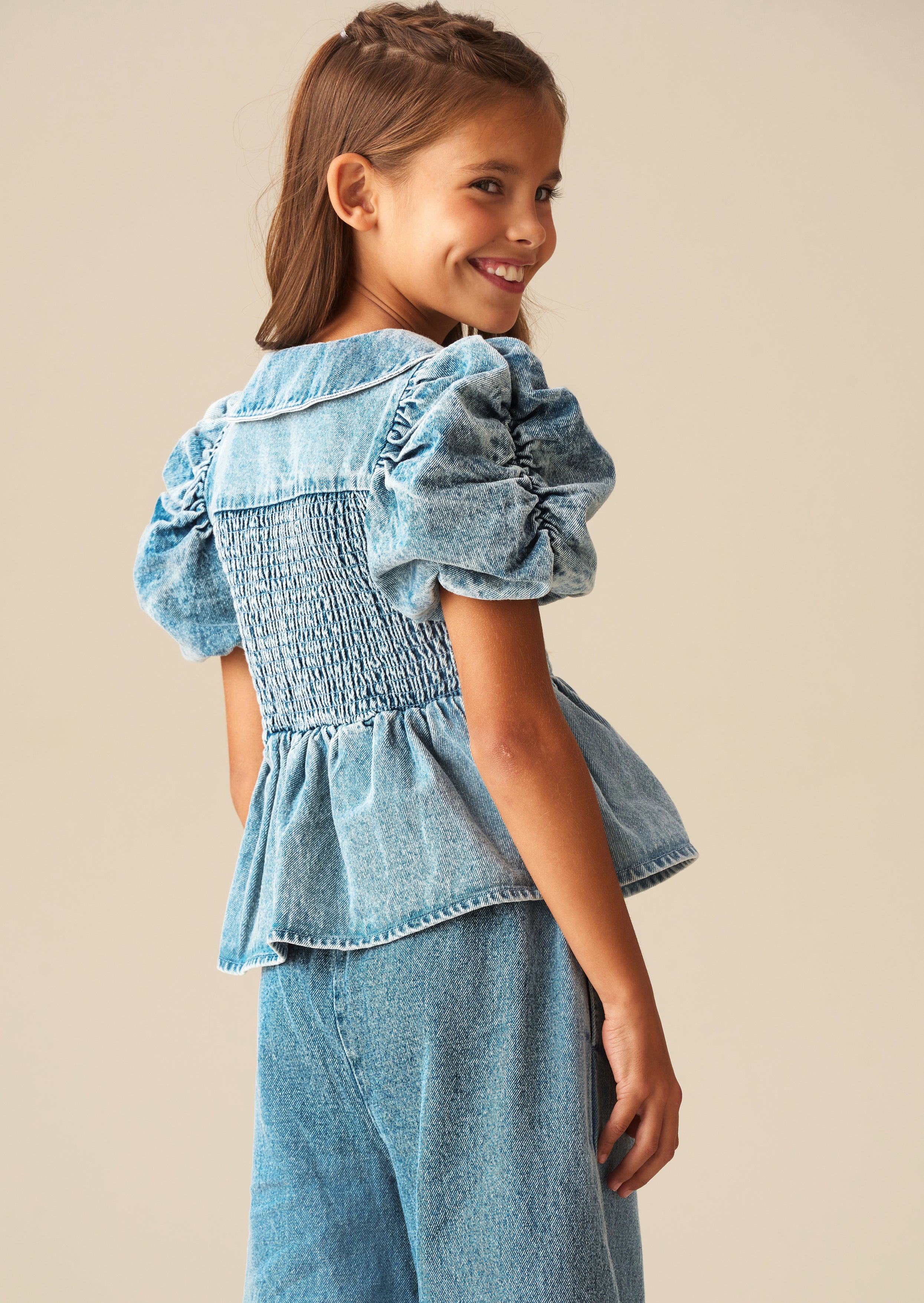 Orla Peter Pan Collar Shirred Denim Blouse