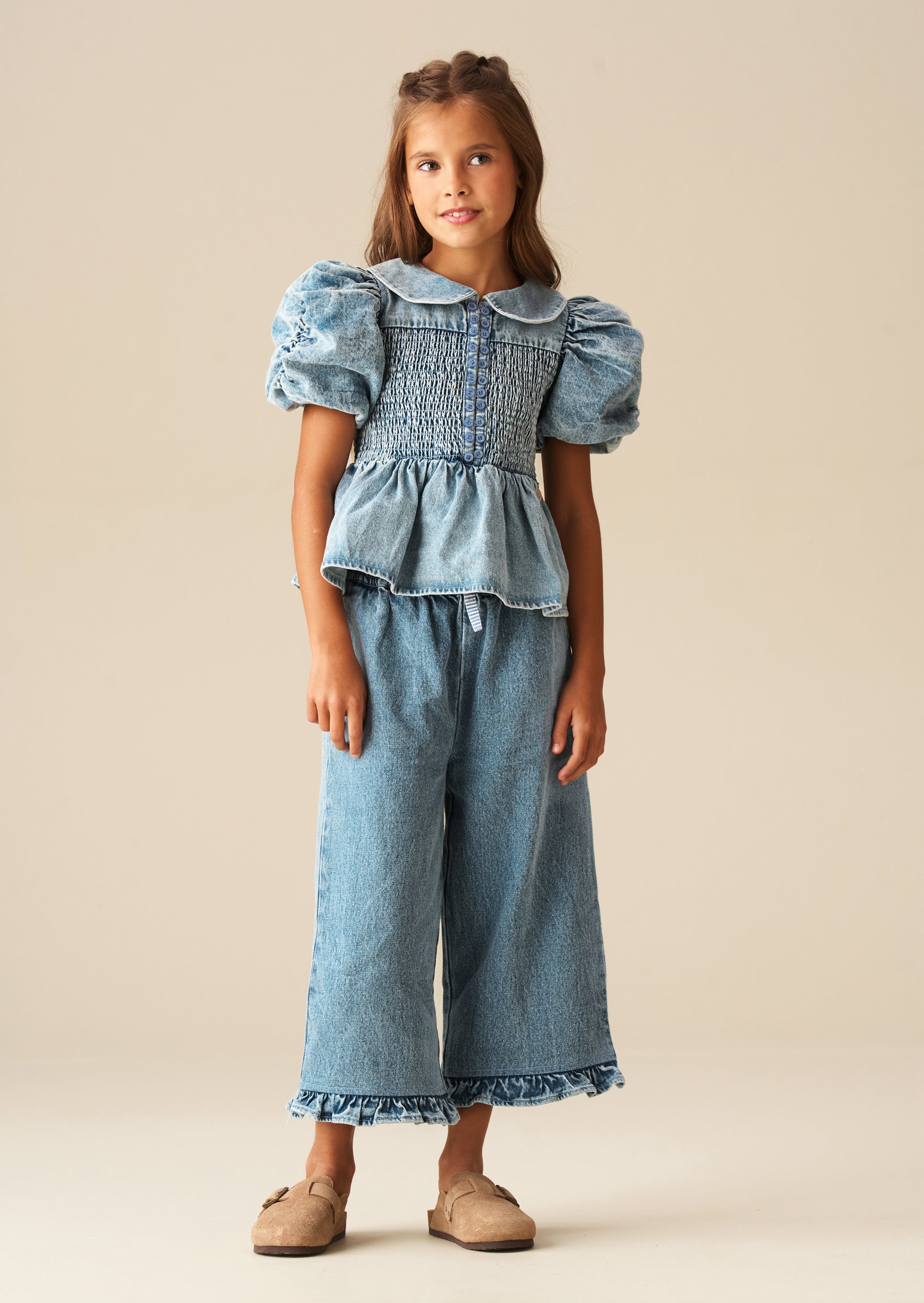 Orla Peter Pan Collar Shirred Denim Blouse