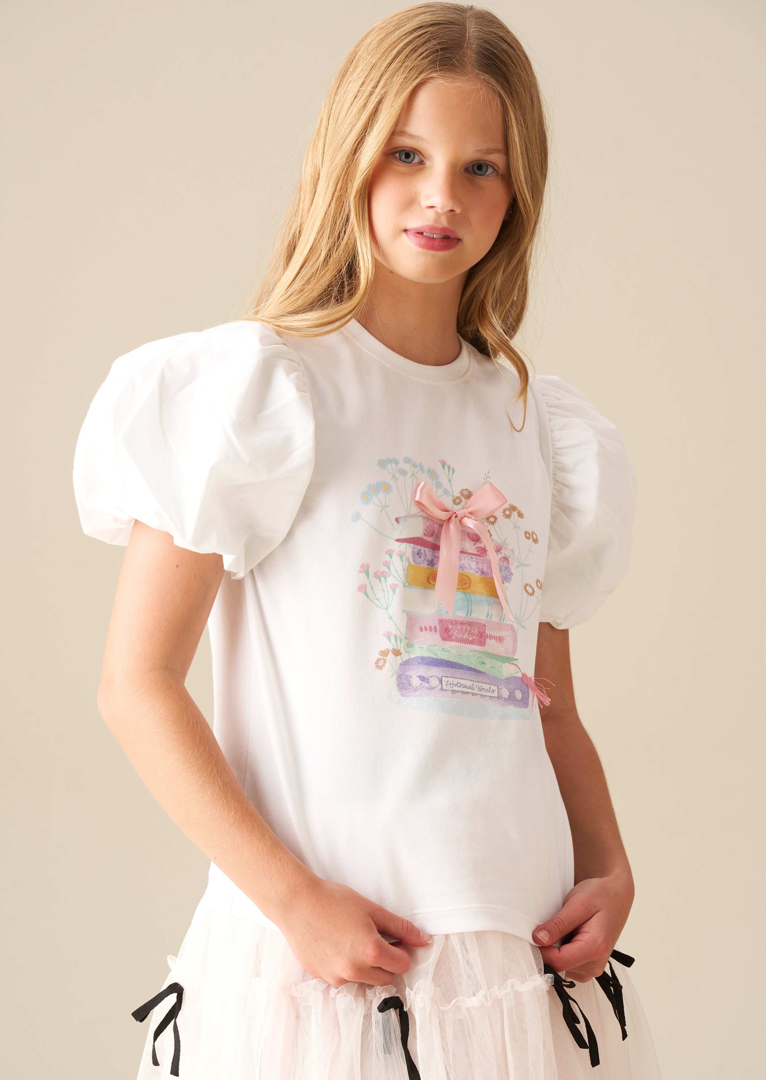 Camiseta Ellen Placement Print con Mangas Abullonadas
