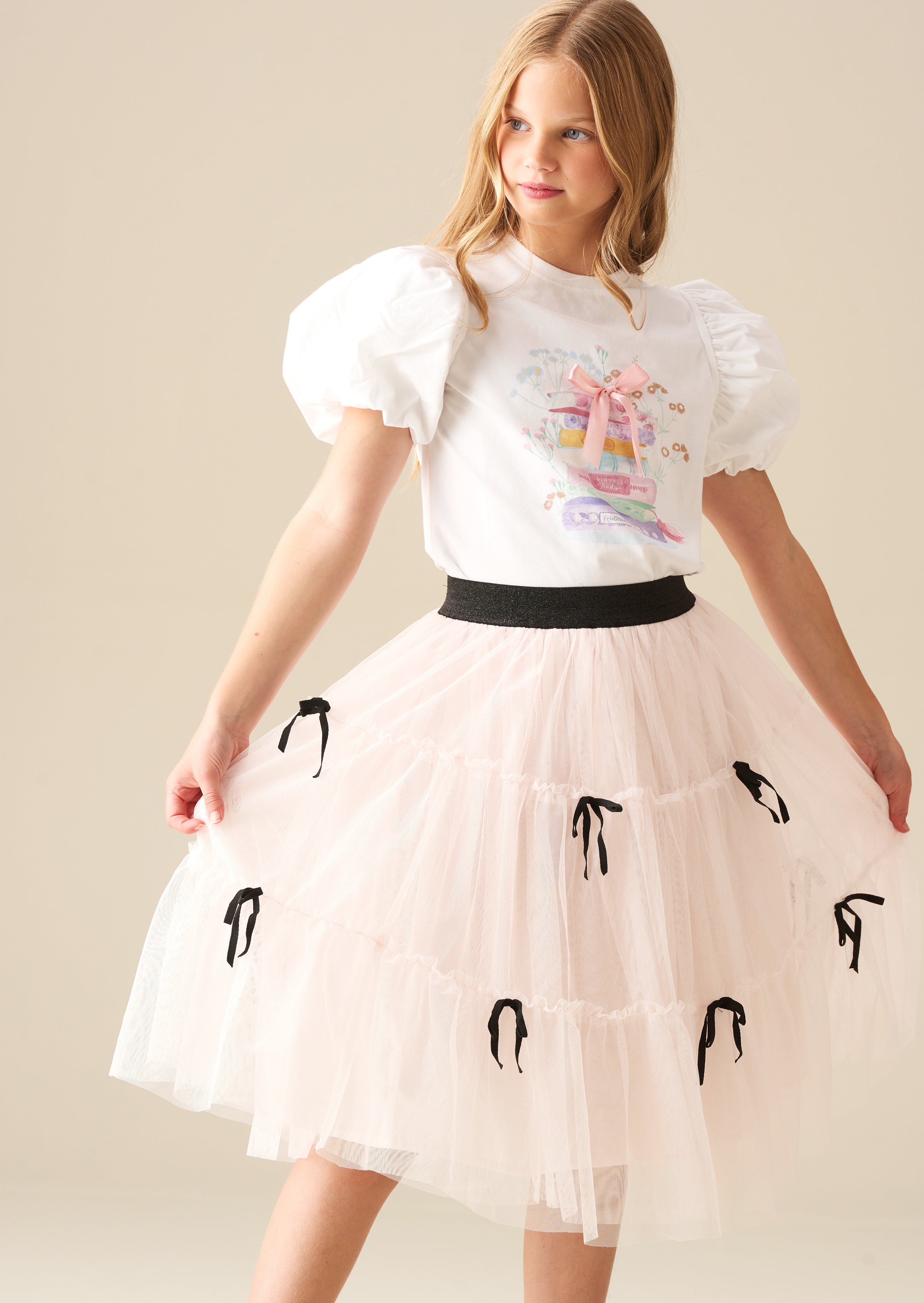 Camiseta Ellen Placement Print con Mangas Abullonadas