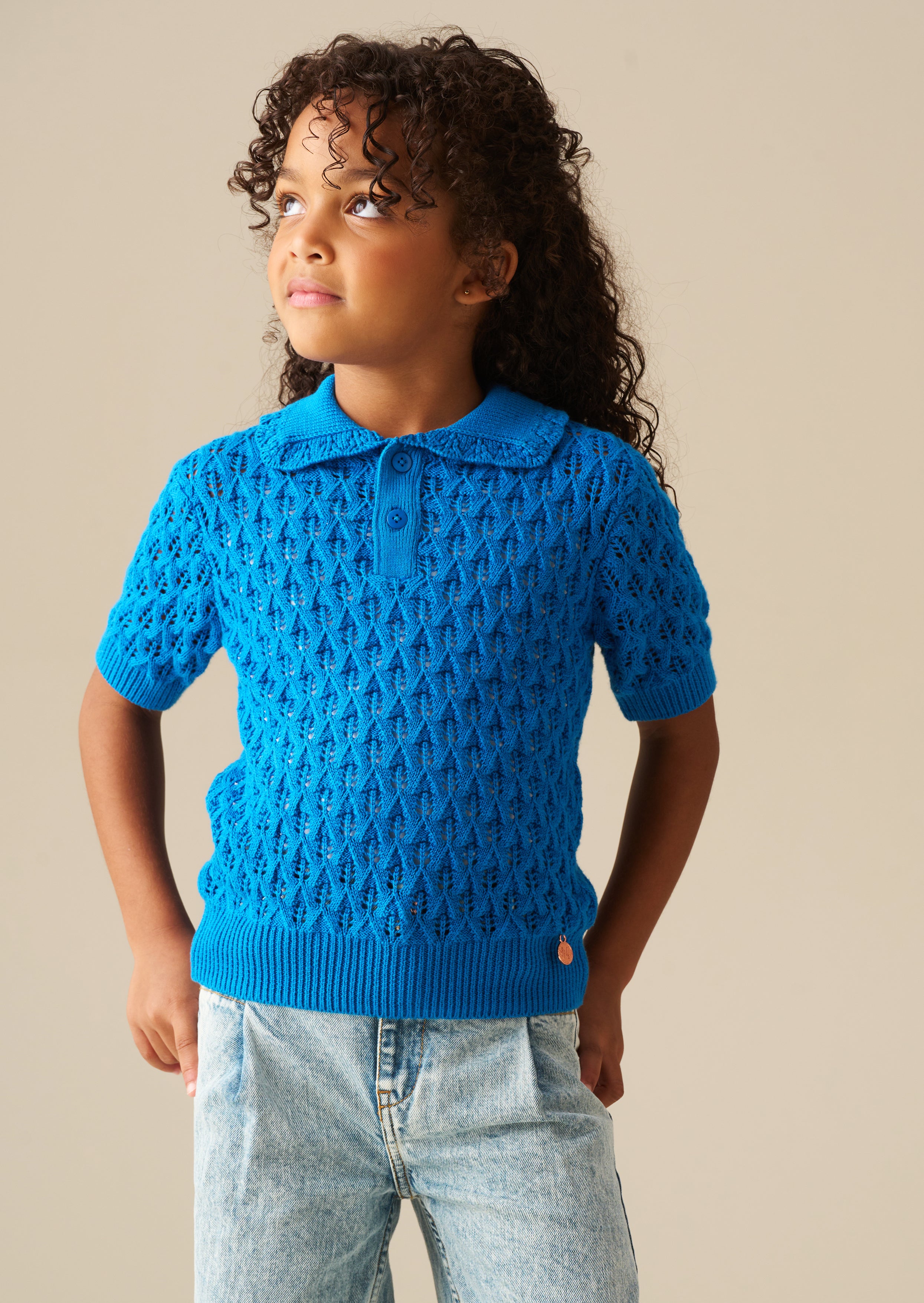 Girls Blue Frill Collar Crochet Knit Jumper | Angel & Rocket
