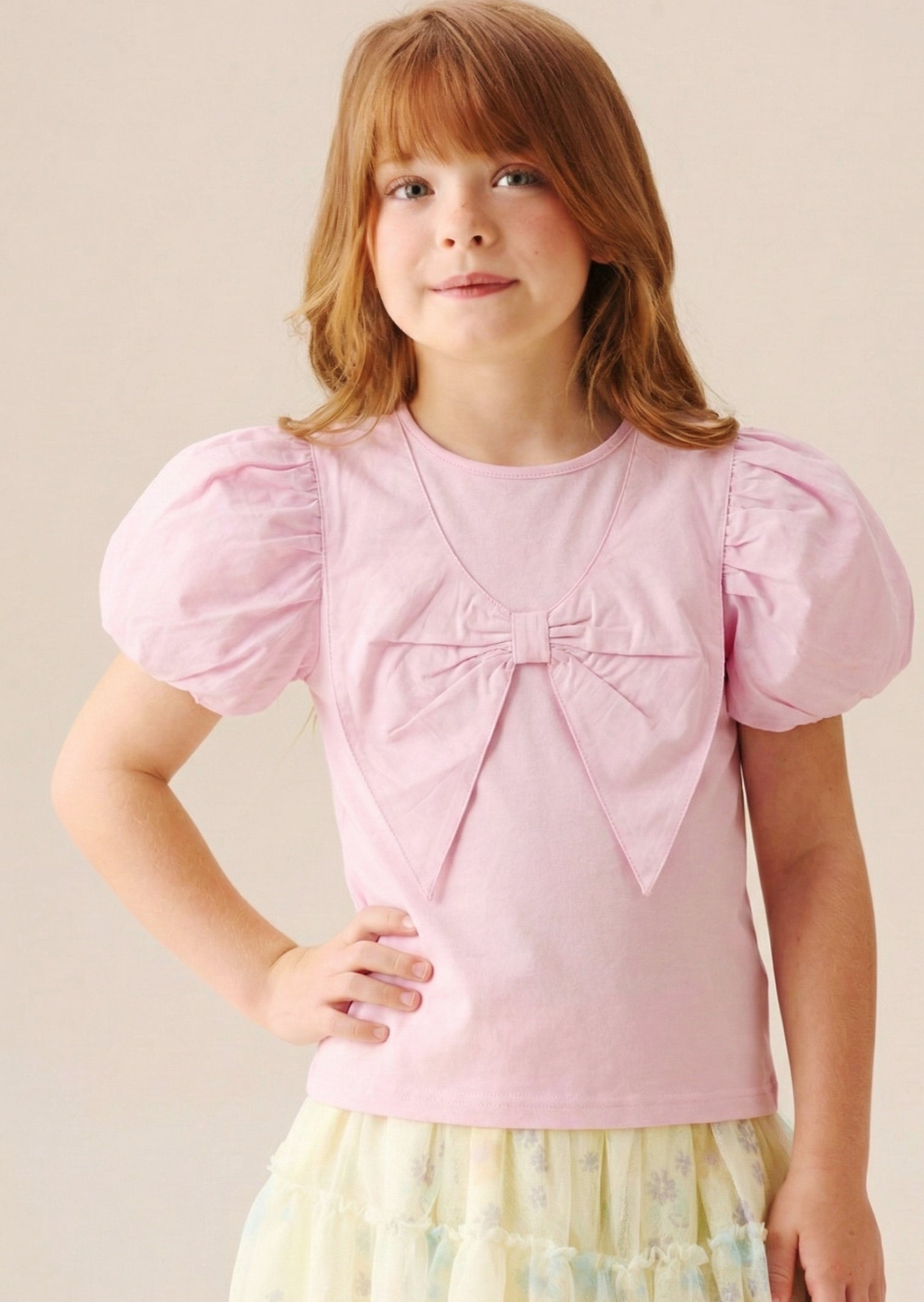 Tilly Pink Bow Collar Puff Sleeve T Shirt