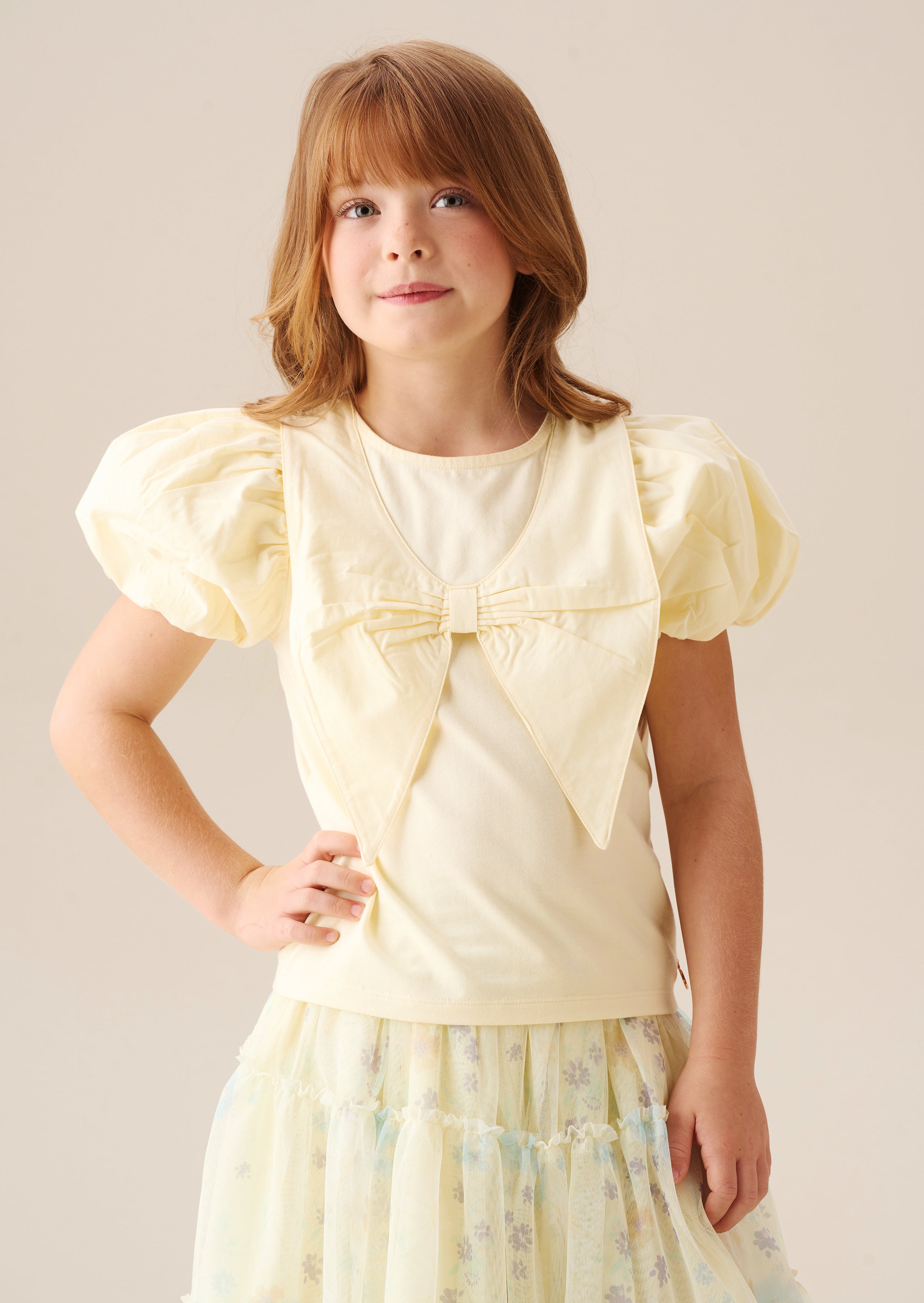 Tilly Yellow Bow Collar Puff Sleeve T Shirt