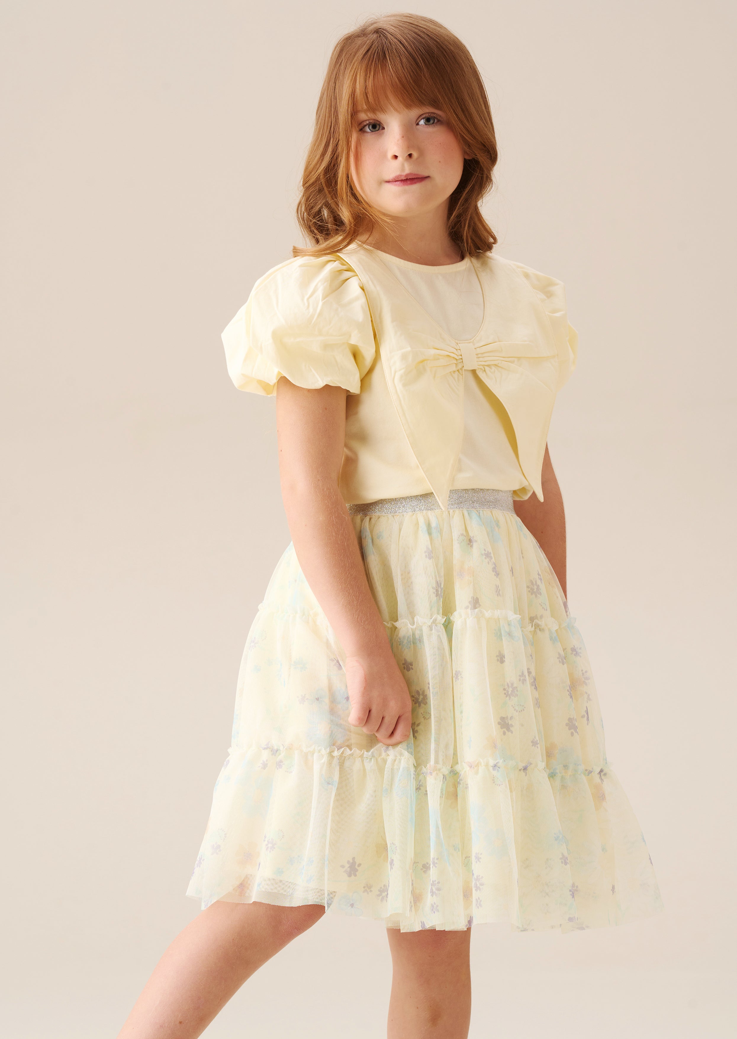 Tilly Yellow Bow Collar Puff Sleeve T Shirt