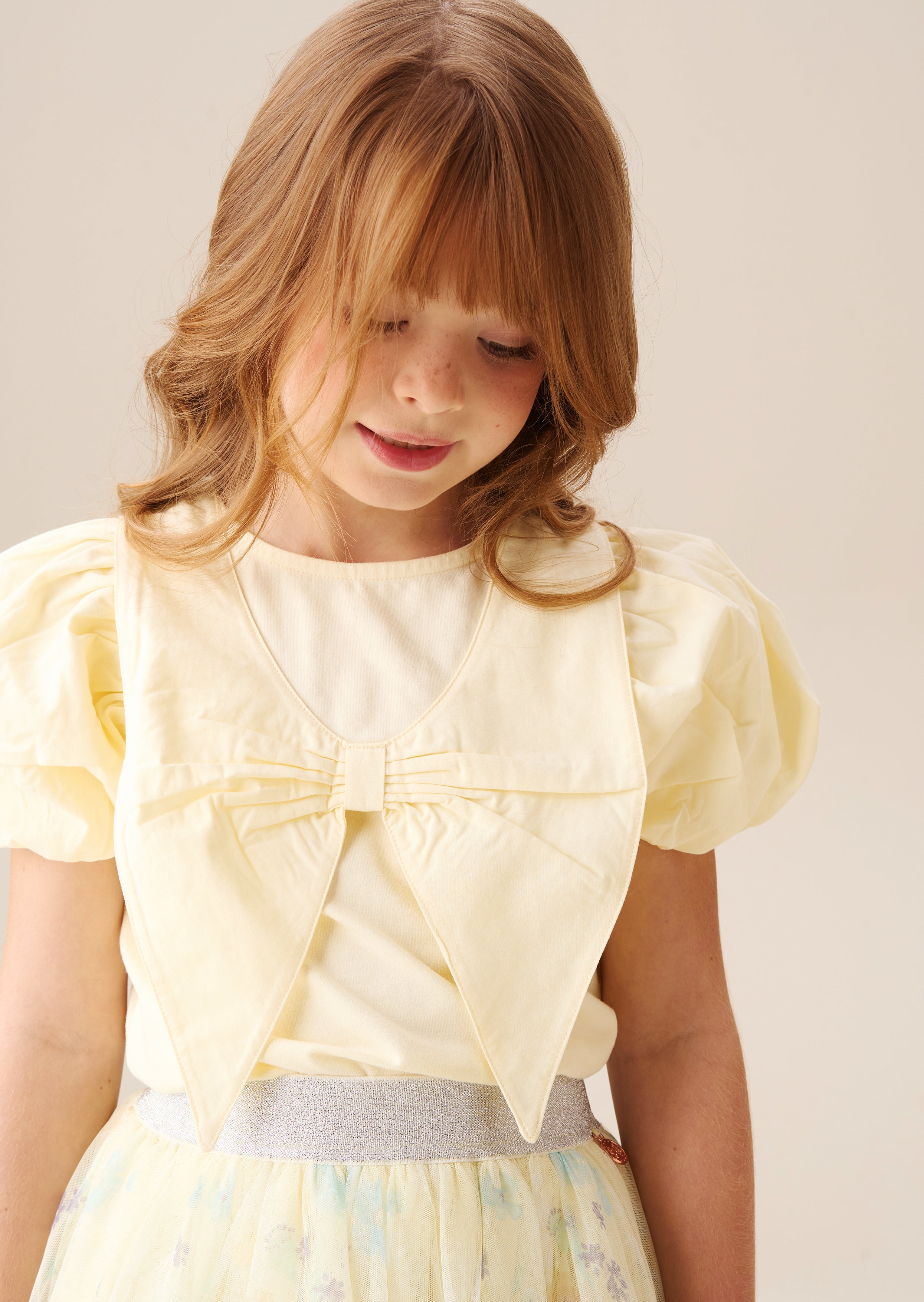 Tilly Yellow Bow Collar Puff Sleeve T Shirt