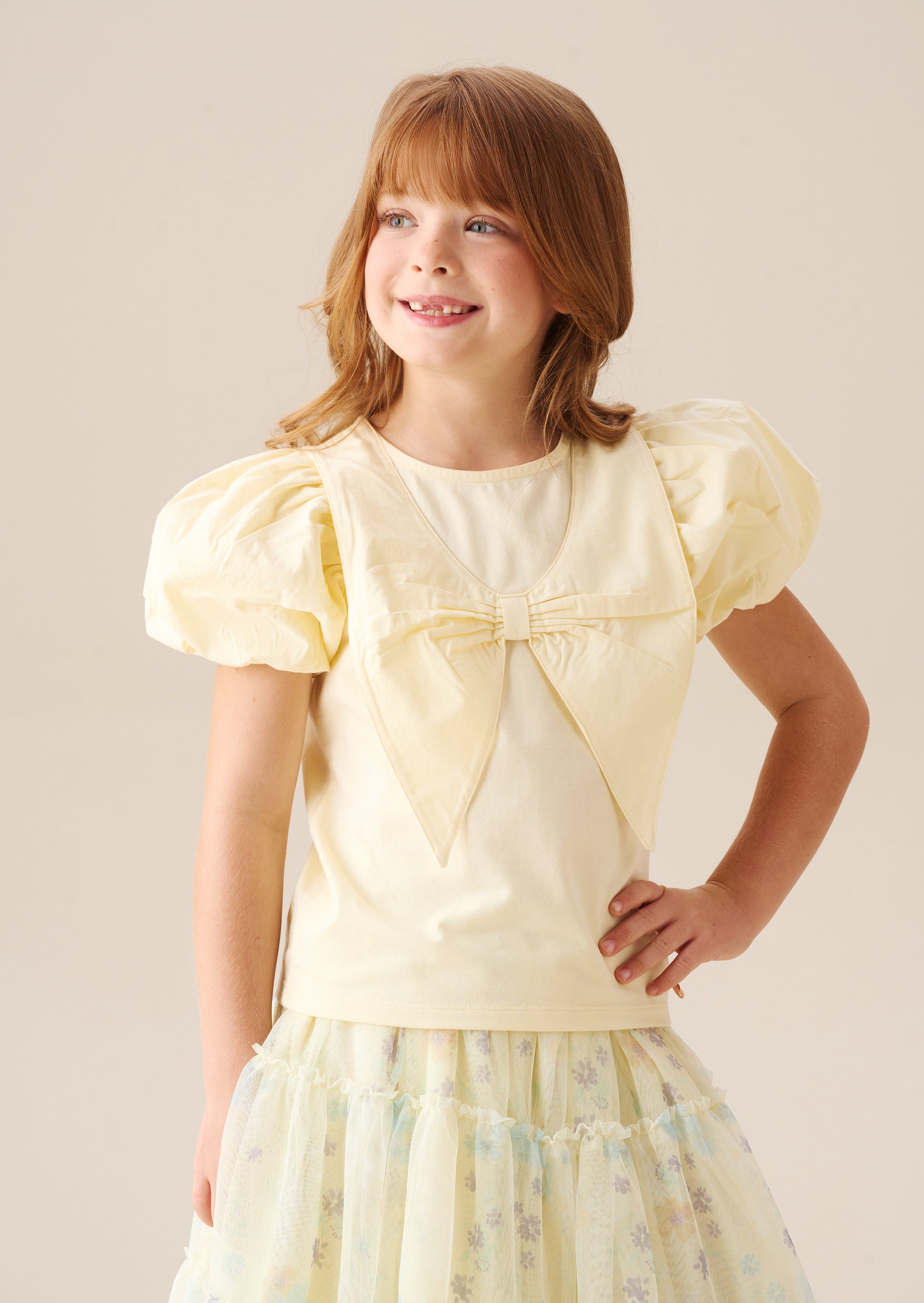 Tilly Yellow Bow Collar Puff Sleeve T Shirt