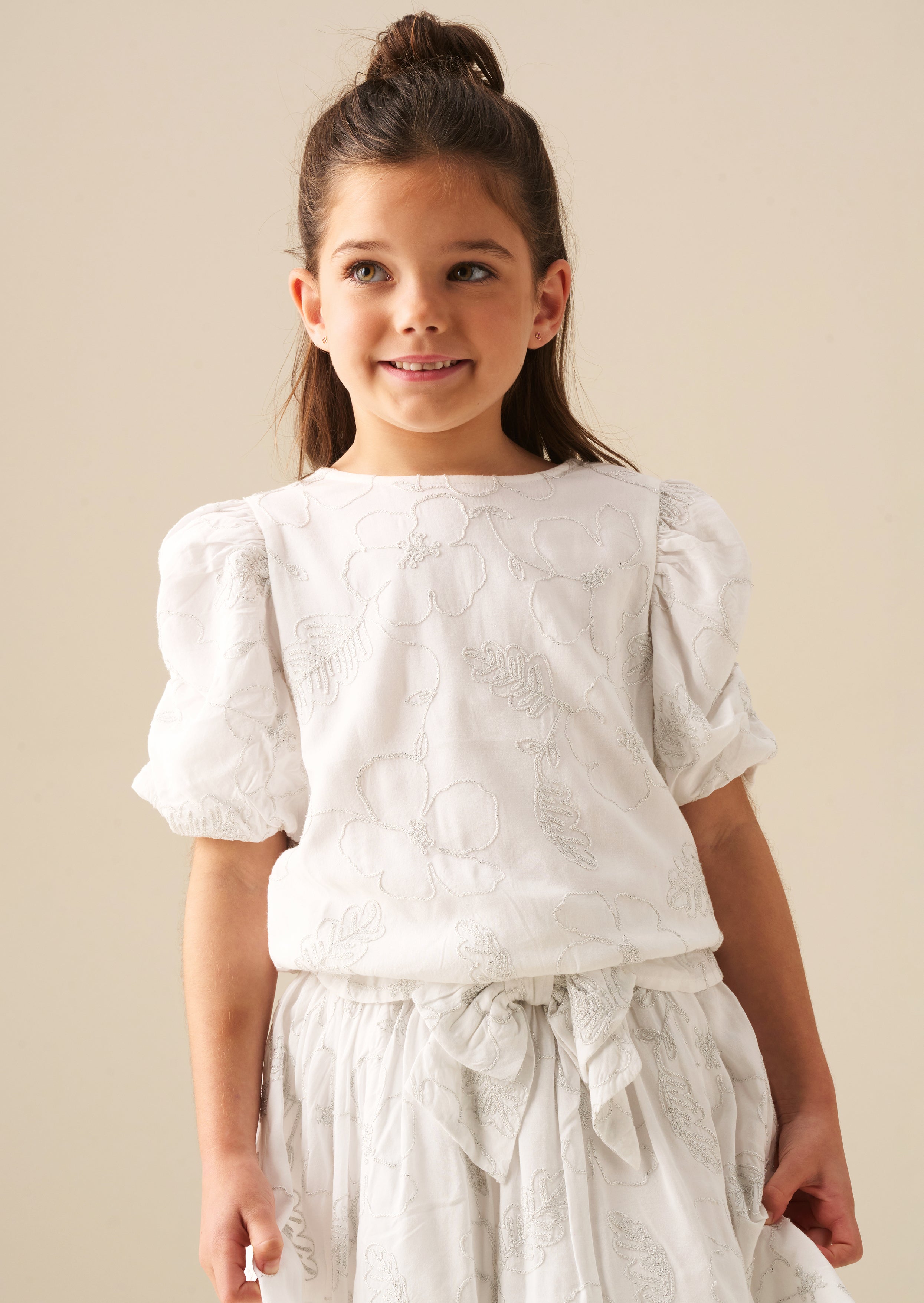 Dalhia Floral Embroidered Tie Waist Puff Sleeve Top