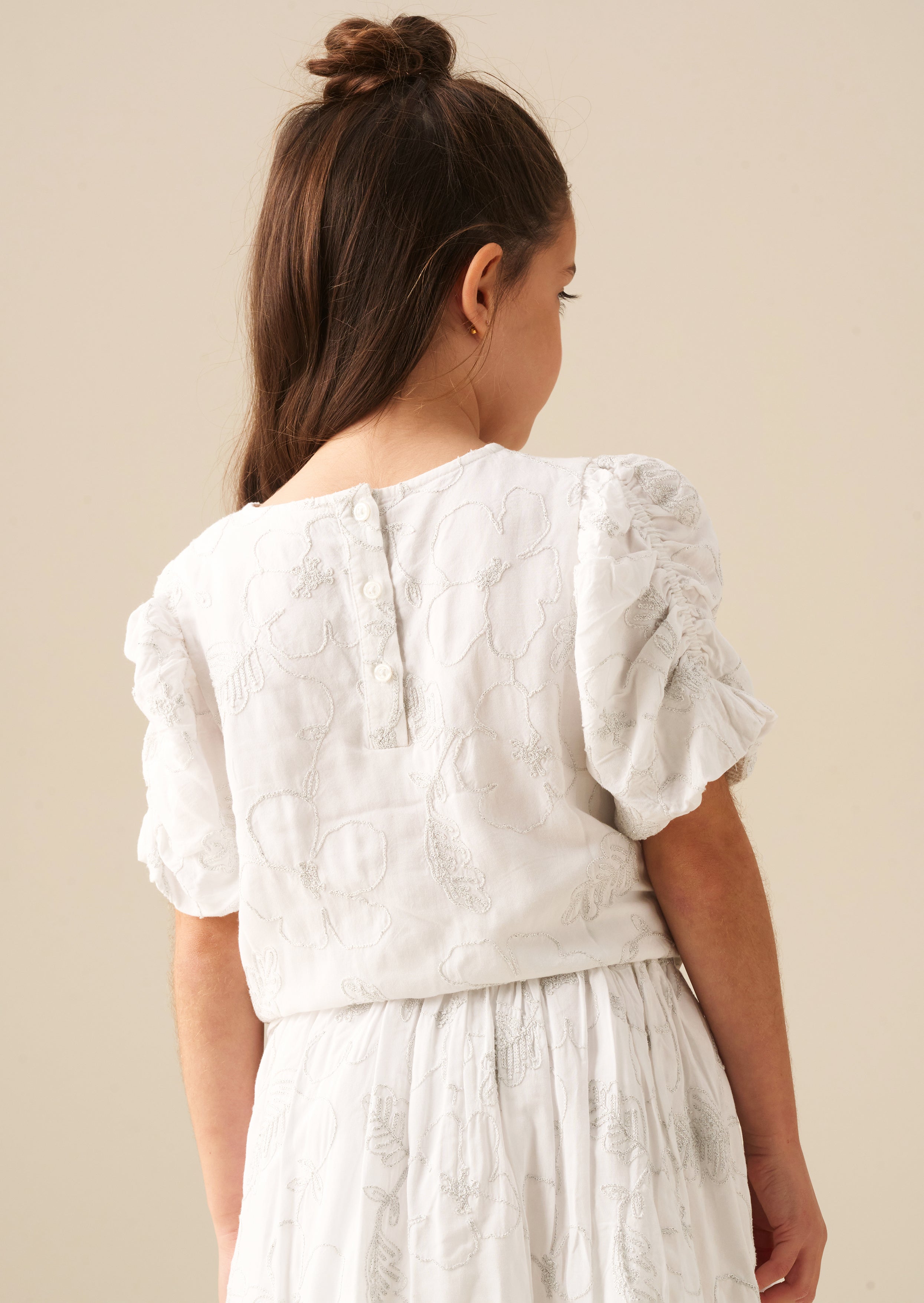 Dalhia Floral Embroidered Tie Waist Puff Sleeve Top