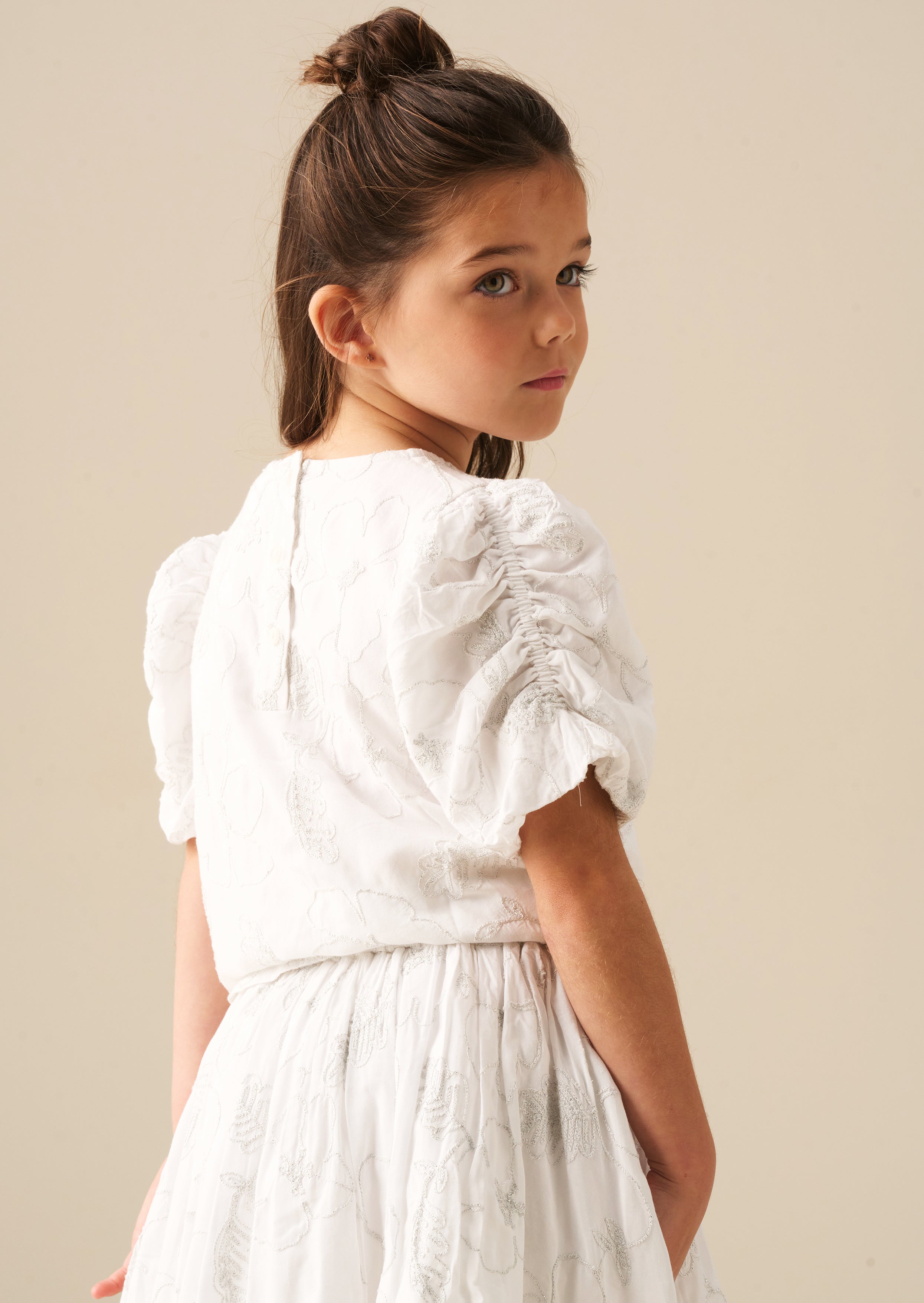 Dalhia Floral Embroidered Tie Waist Puff Sleeve Top