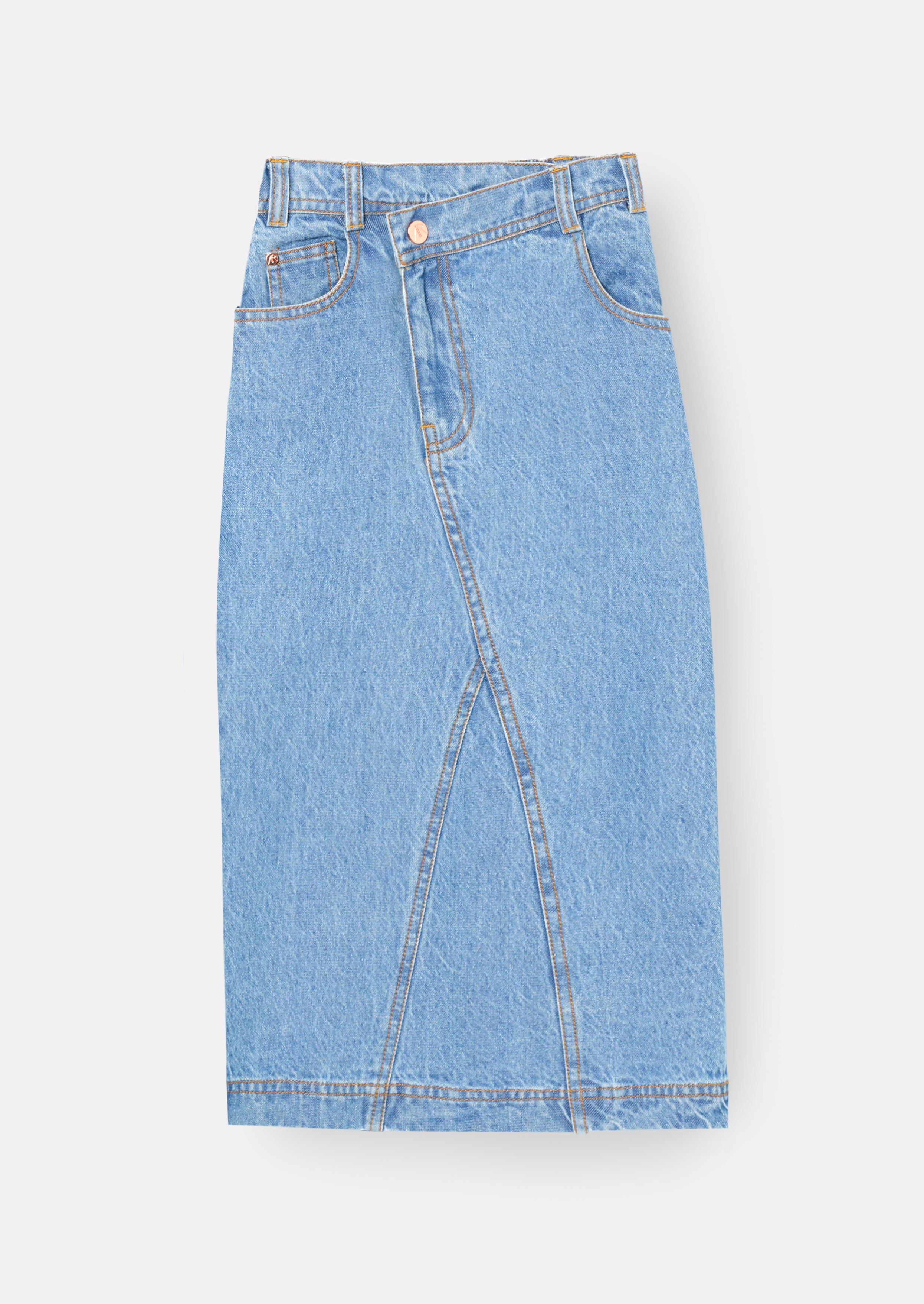 Kendal Asymmetrischer Taillen-Denim-Midirock