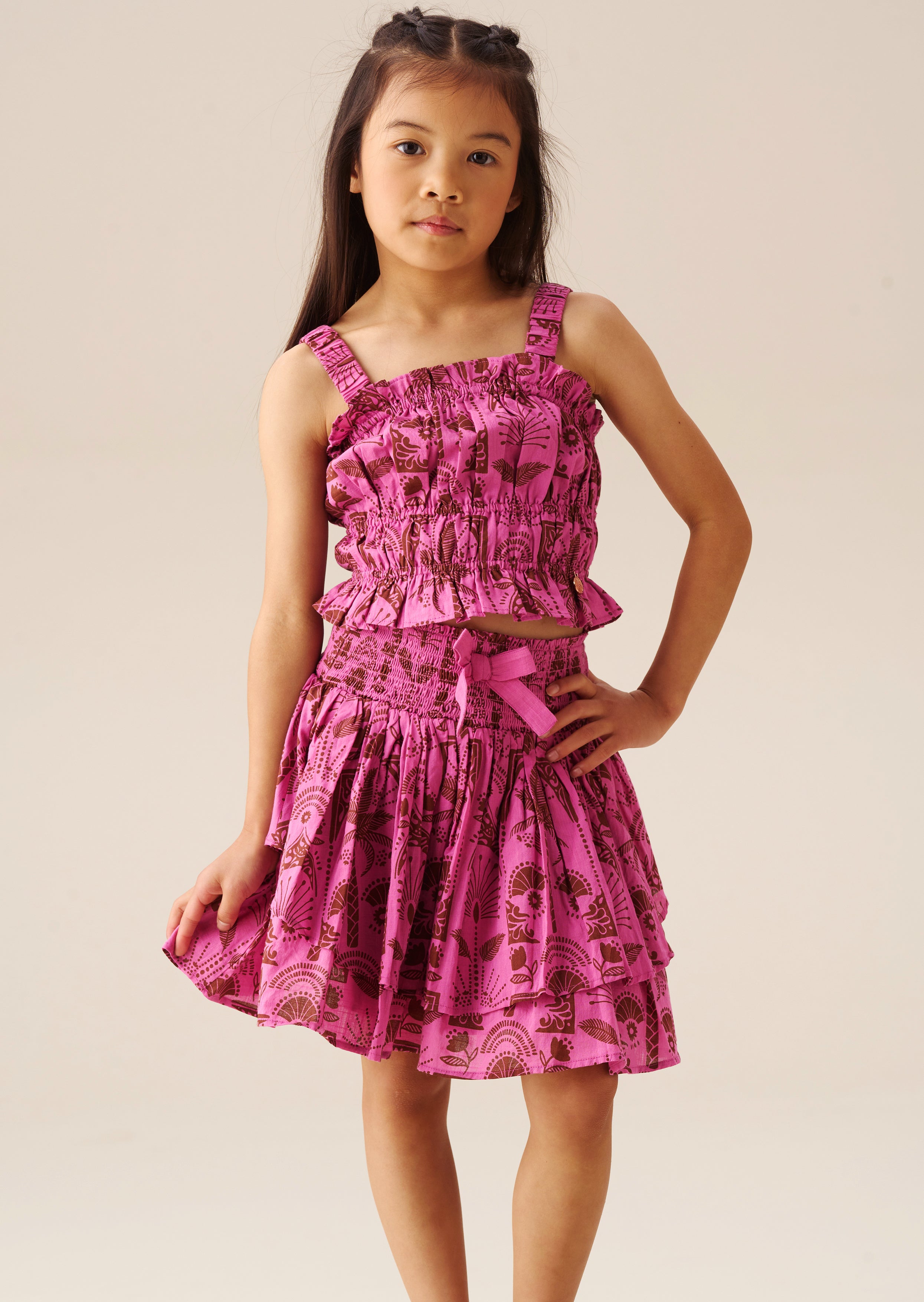 Izzy Palm Print Shirred Waist Mini Skirt