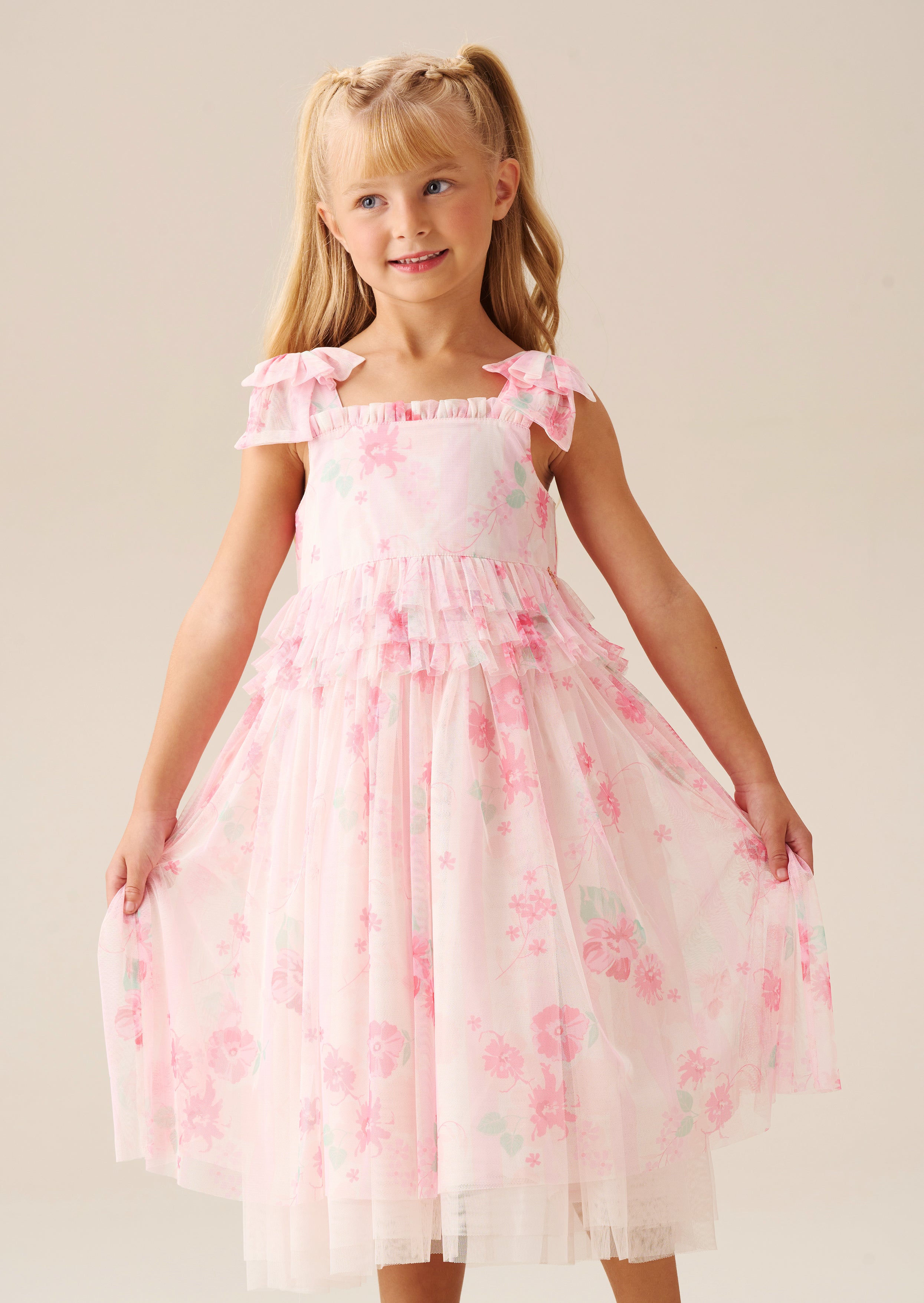 Mae Pink Floral Mesh Bow Strap Dress