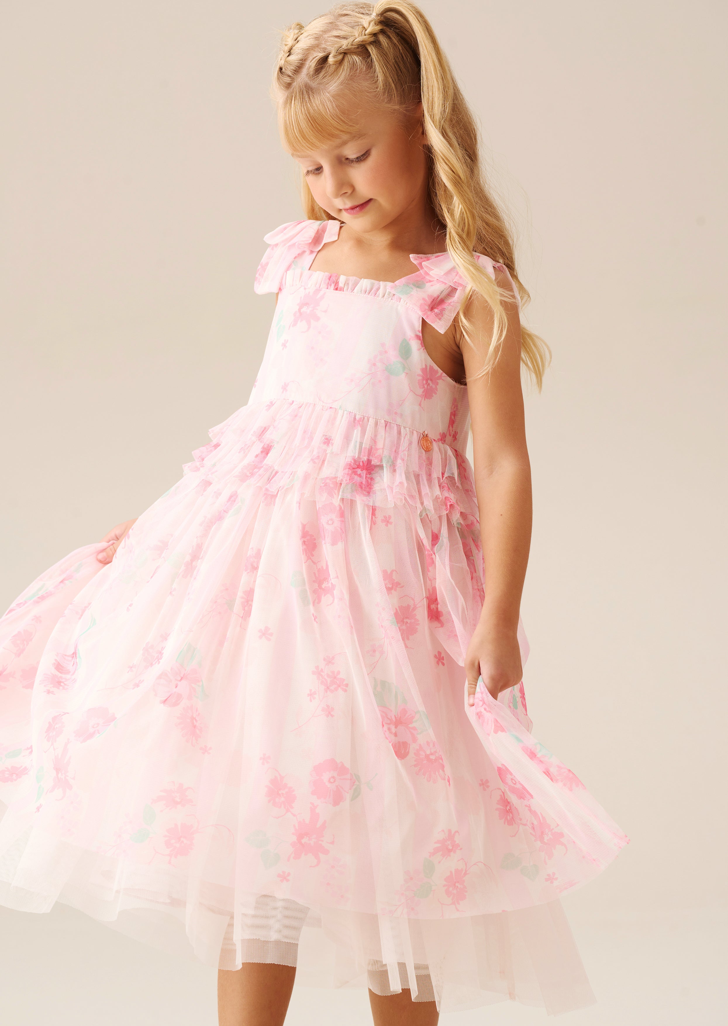 Mae Pink Floral Mesh Bow Strap Dress