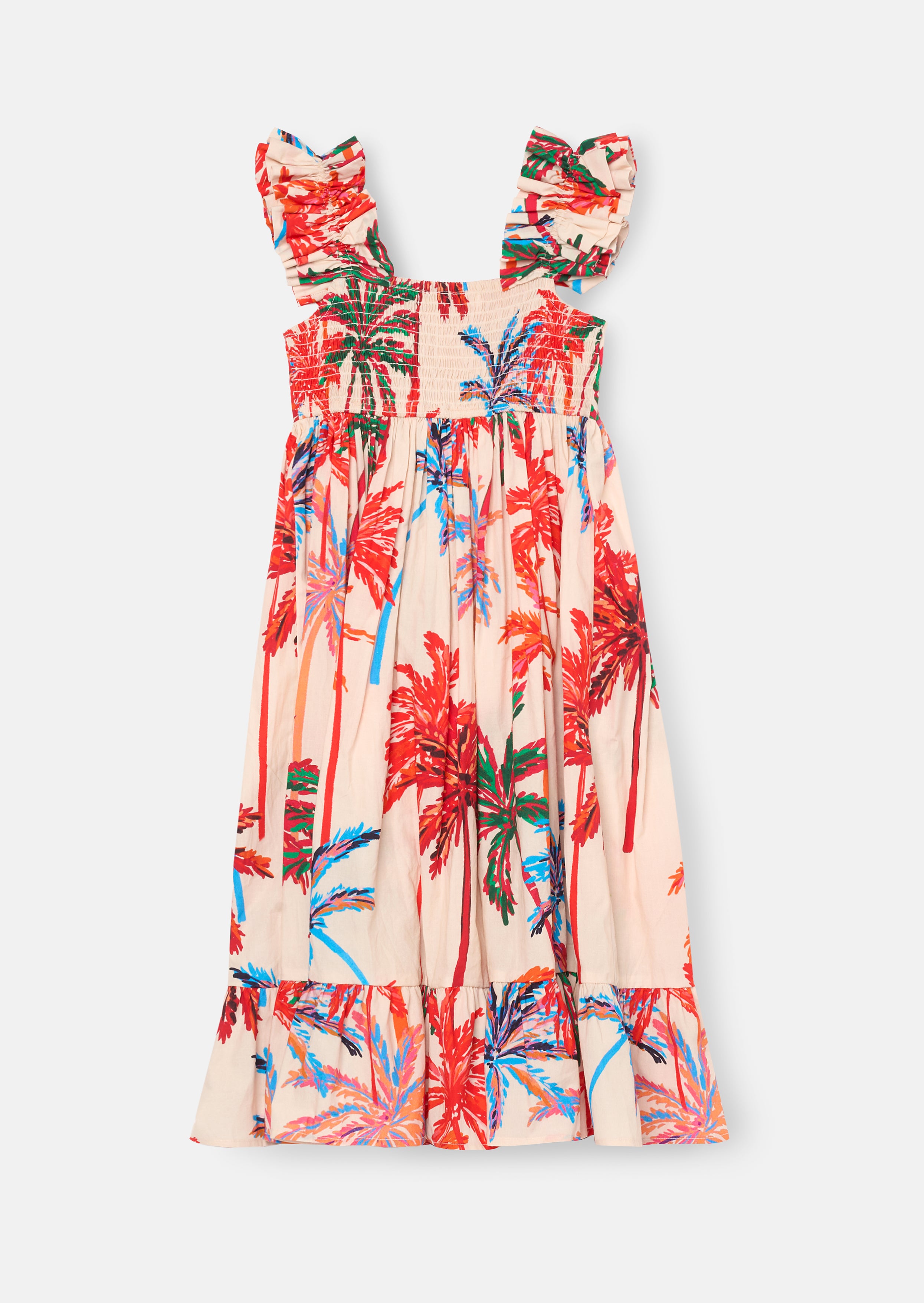 Abito con spalline arricciate e stampa di foglie di palma Rae