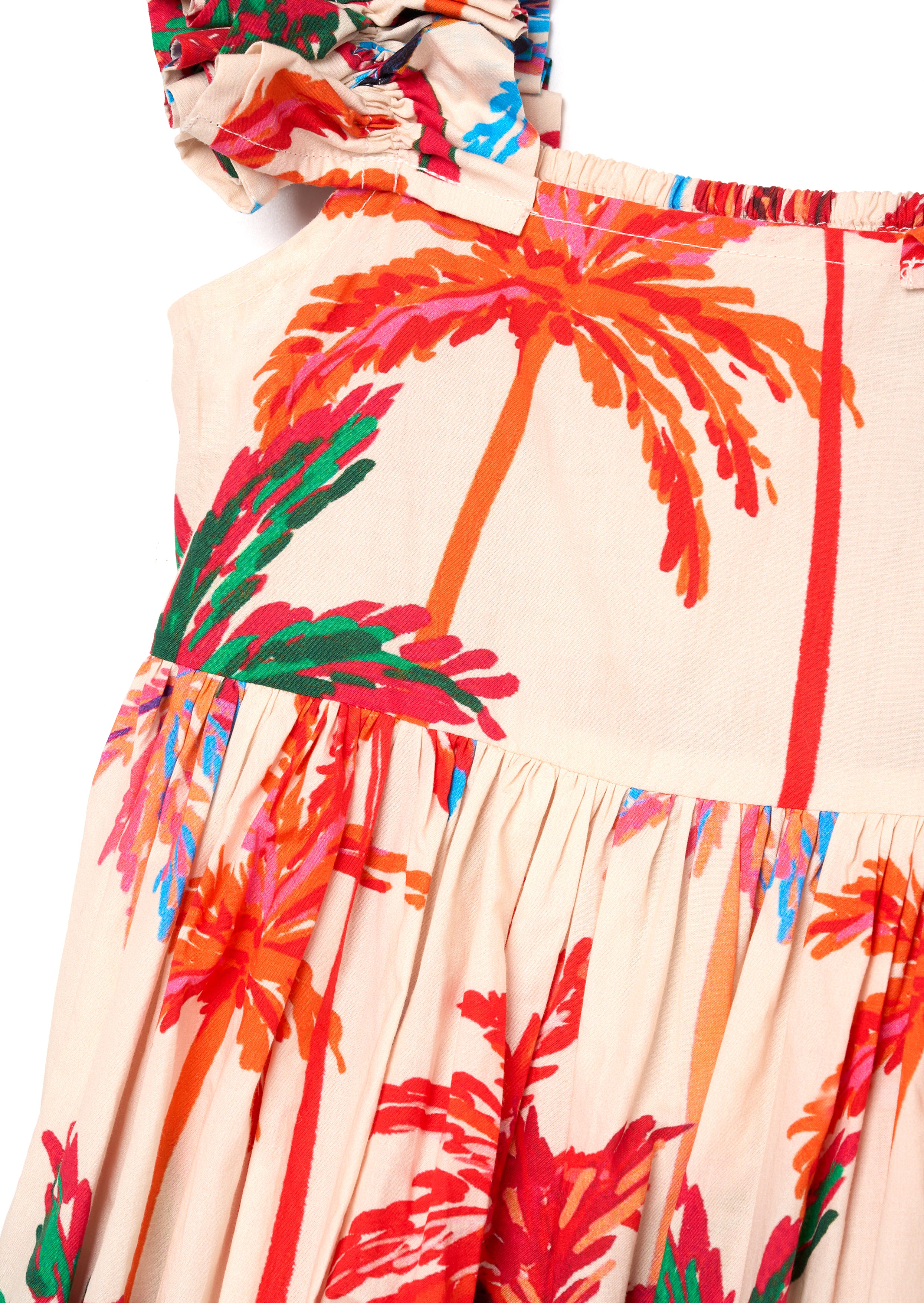 Abito con spalline arricciate e stampa di foglie di palma Rae