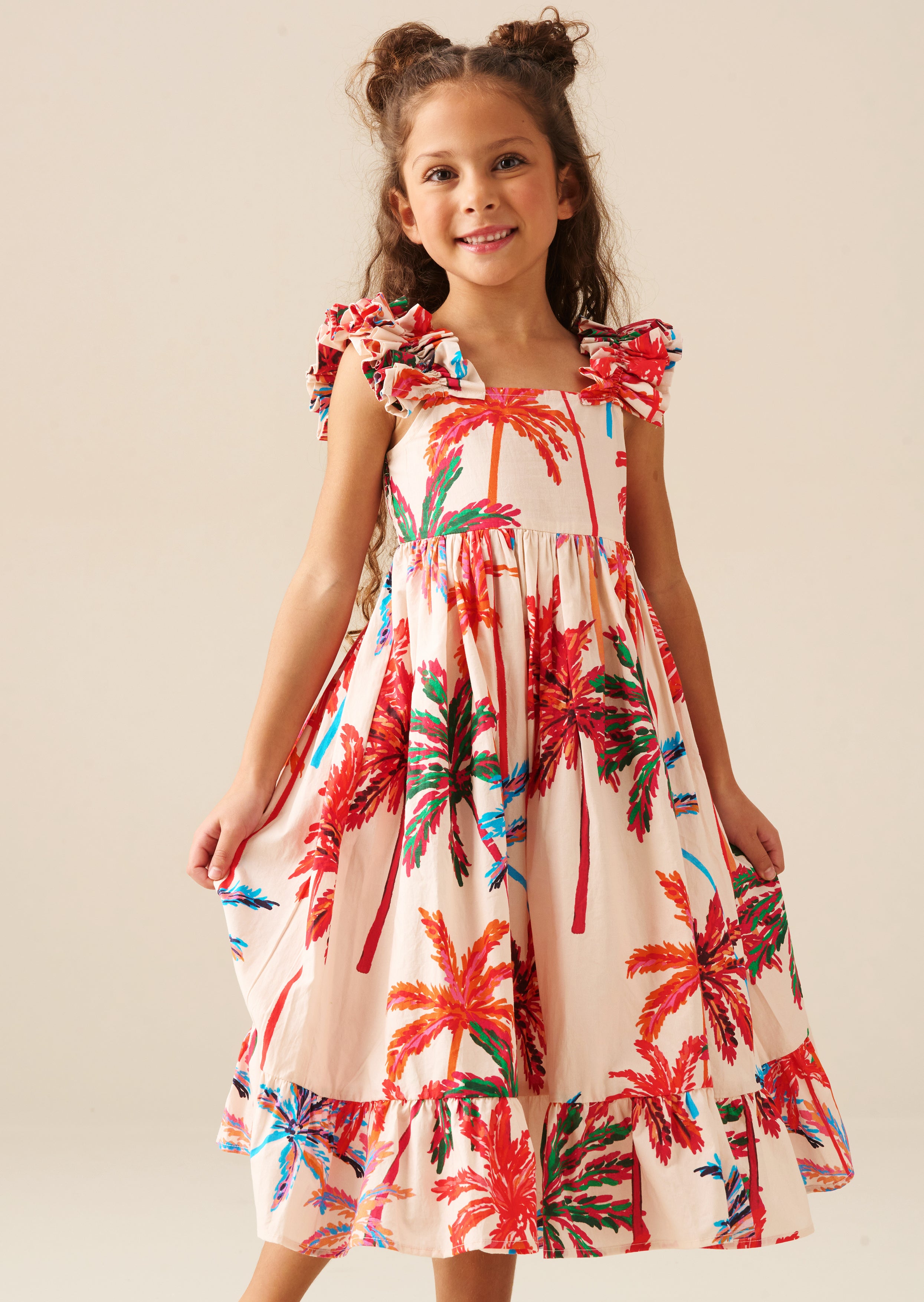 Rae Palm Print Ruffle Strap Dress