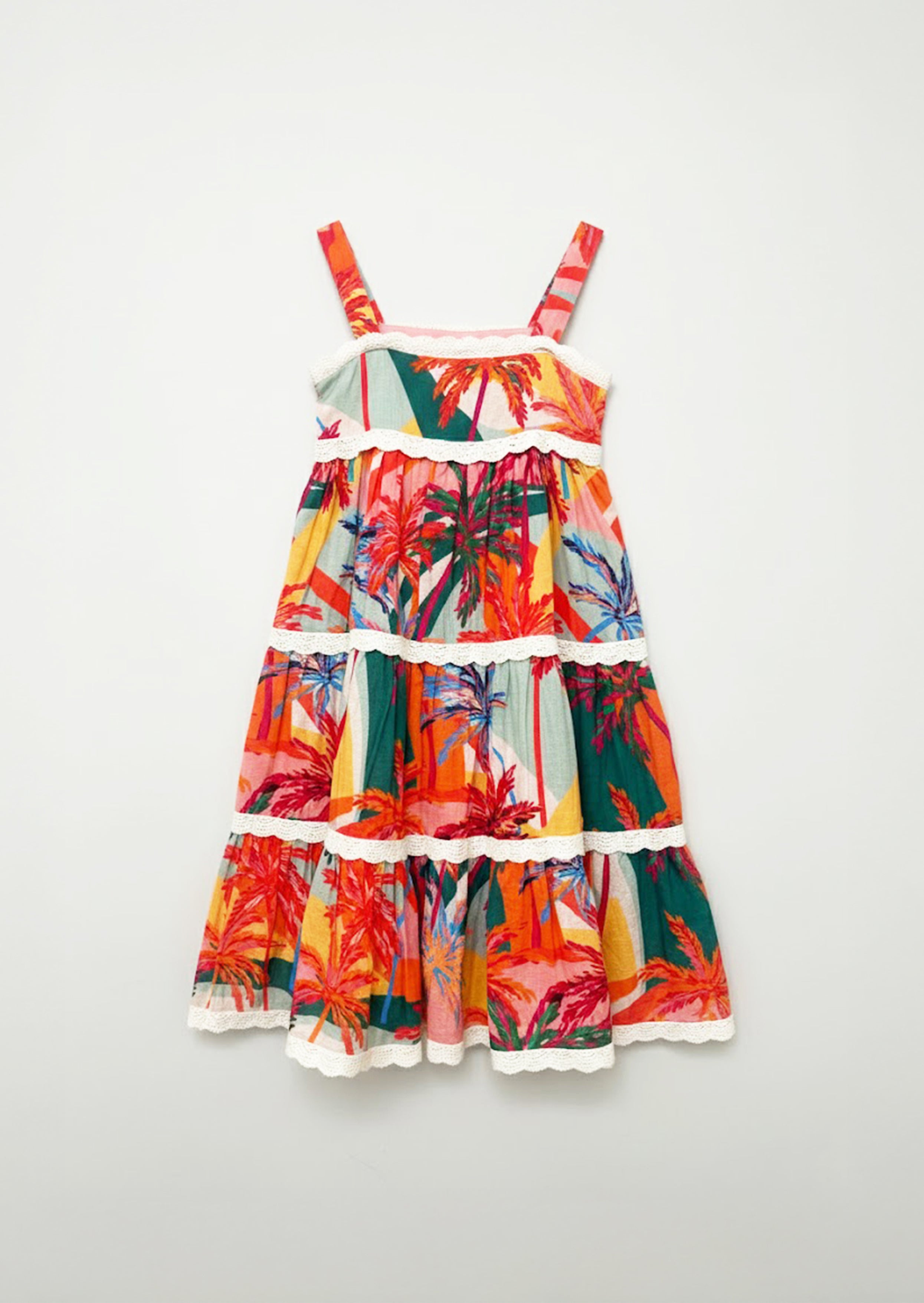 Kinsley Palm Print Lace Trim Tiered Dress