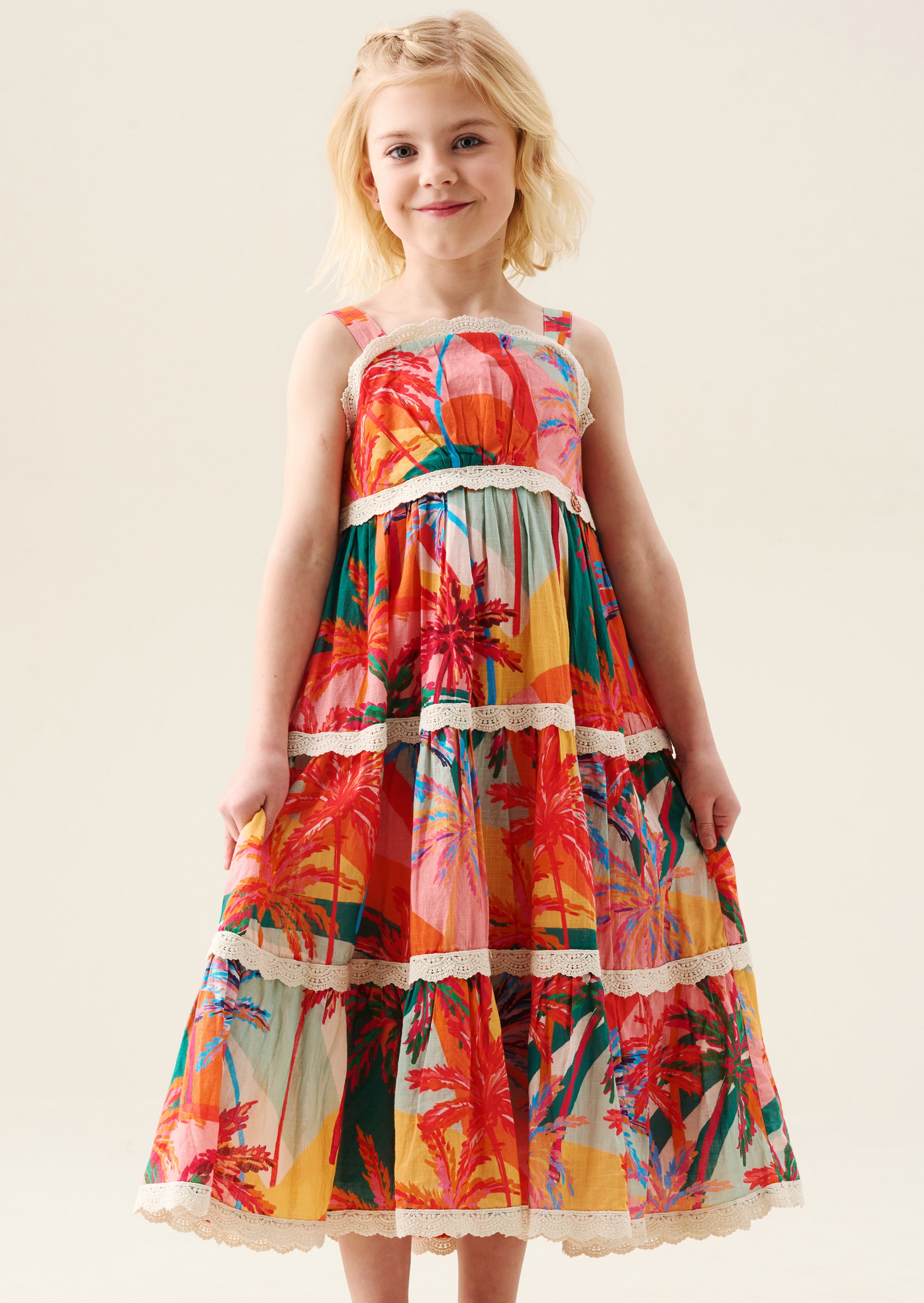 Kinsley Palm Print Lace Trim Tiered Dress