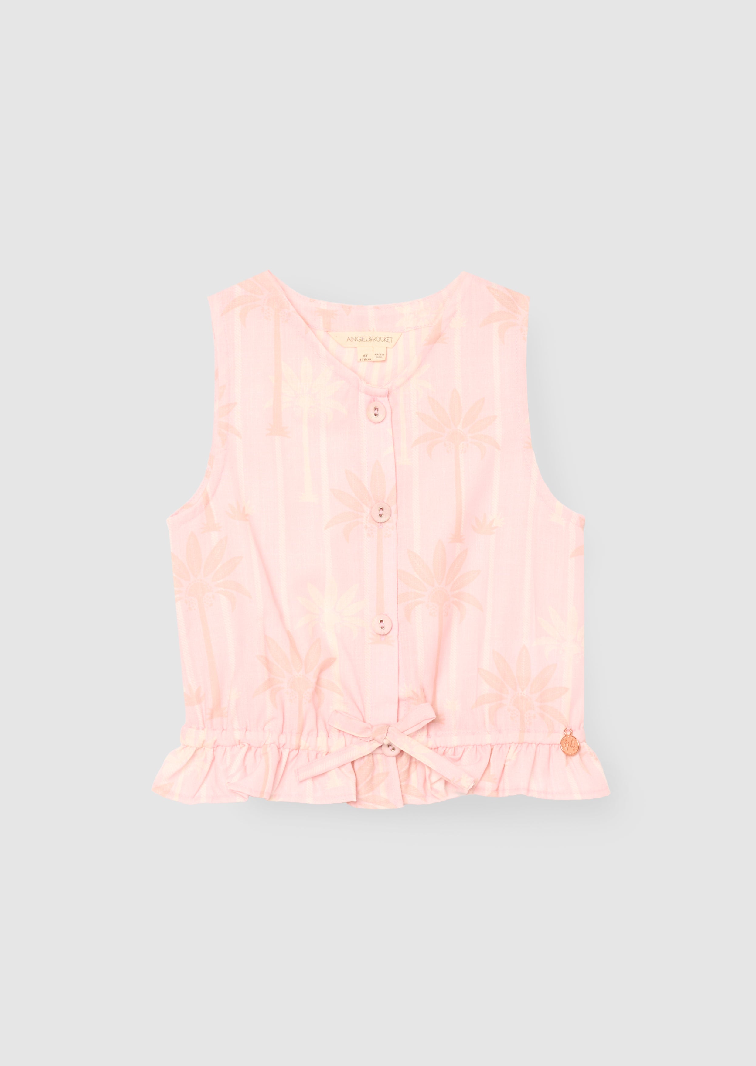 Sarah Pink Palm Print Tie Waist Waistcoat Top