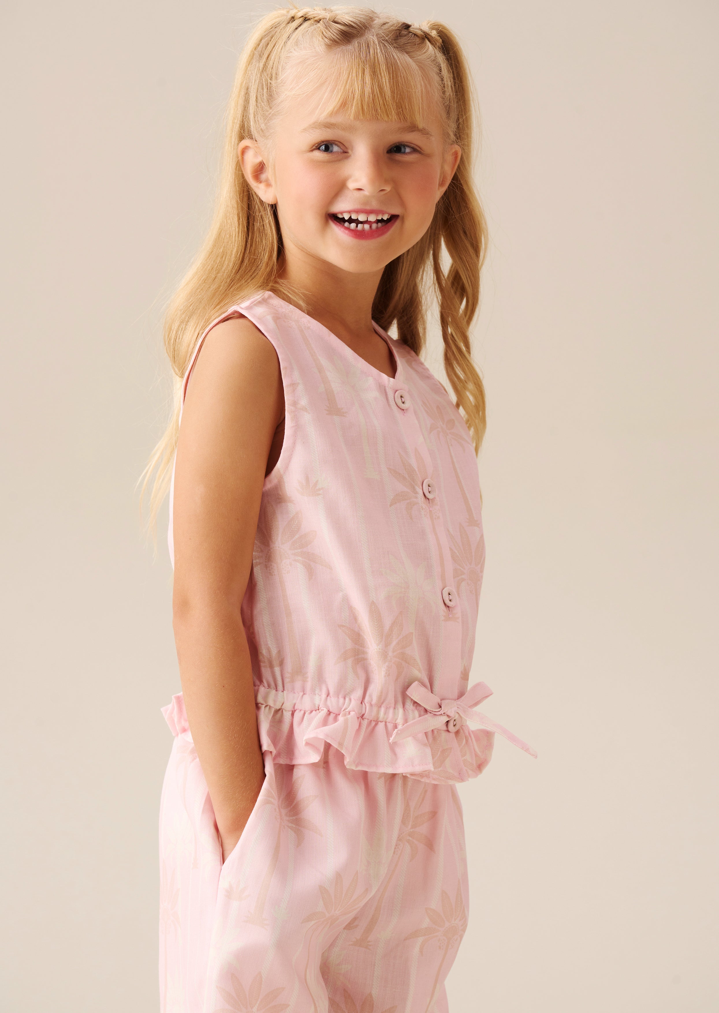 Sarah Pink Palm Print Tie Waist Waistcoat Top