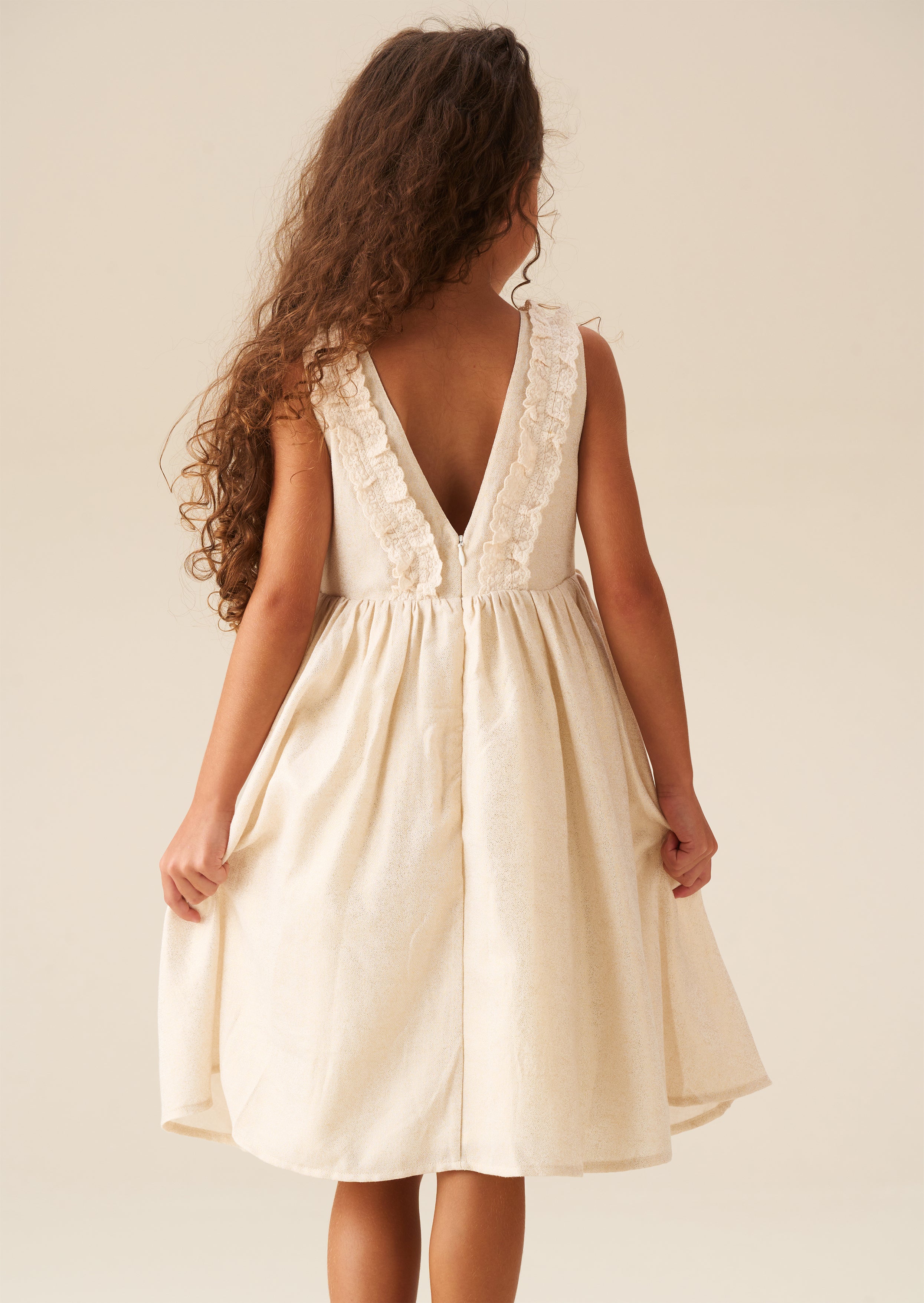 Ava Metallic Schimmer Leinen Kleid mit Spitzenbesatz