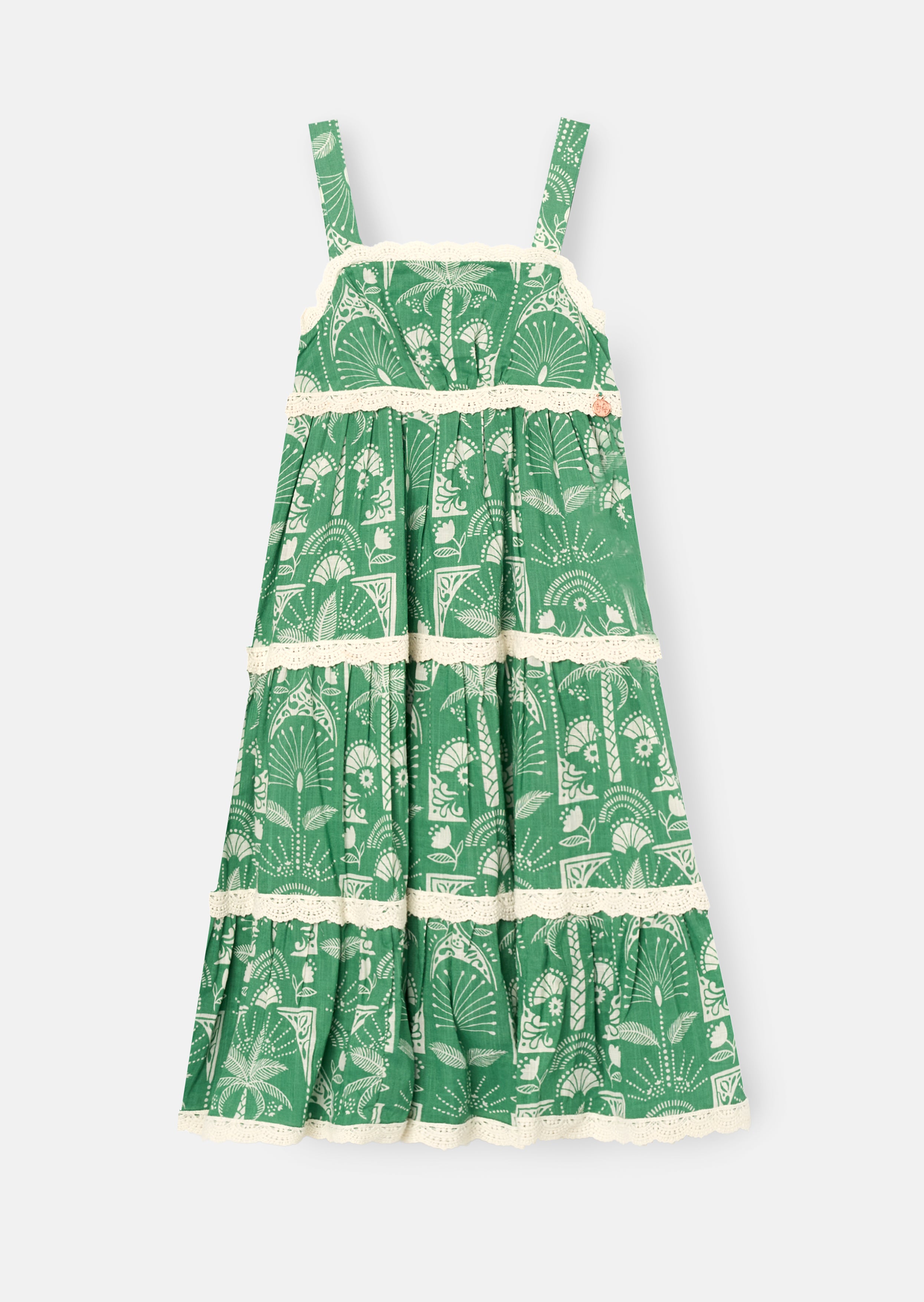 Vestido con volantes en capas, encaje y estampado de palmas Kinsley