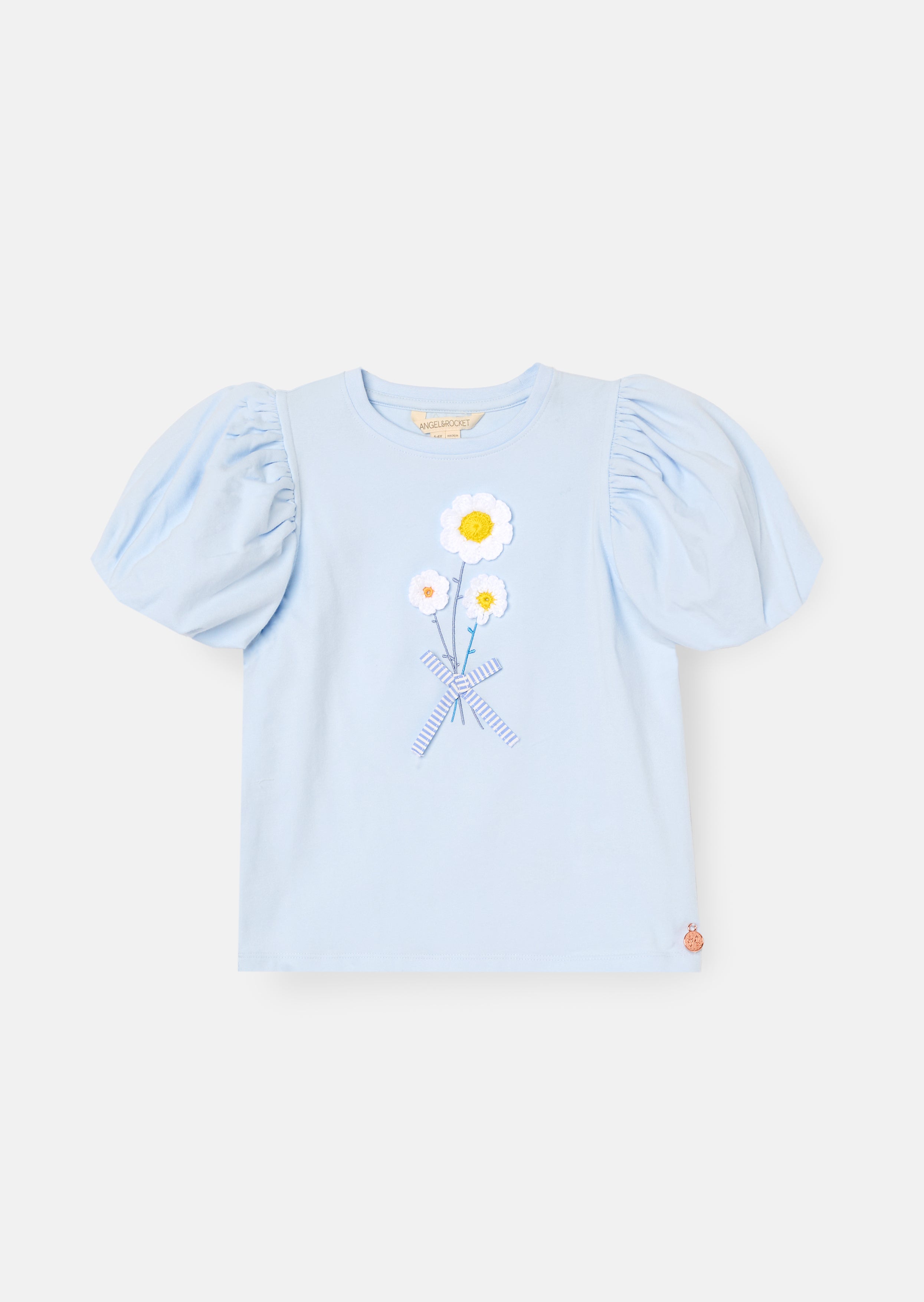 Camiseta con mangas abullonadas bordada con flores de margarita