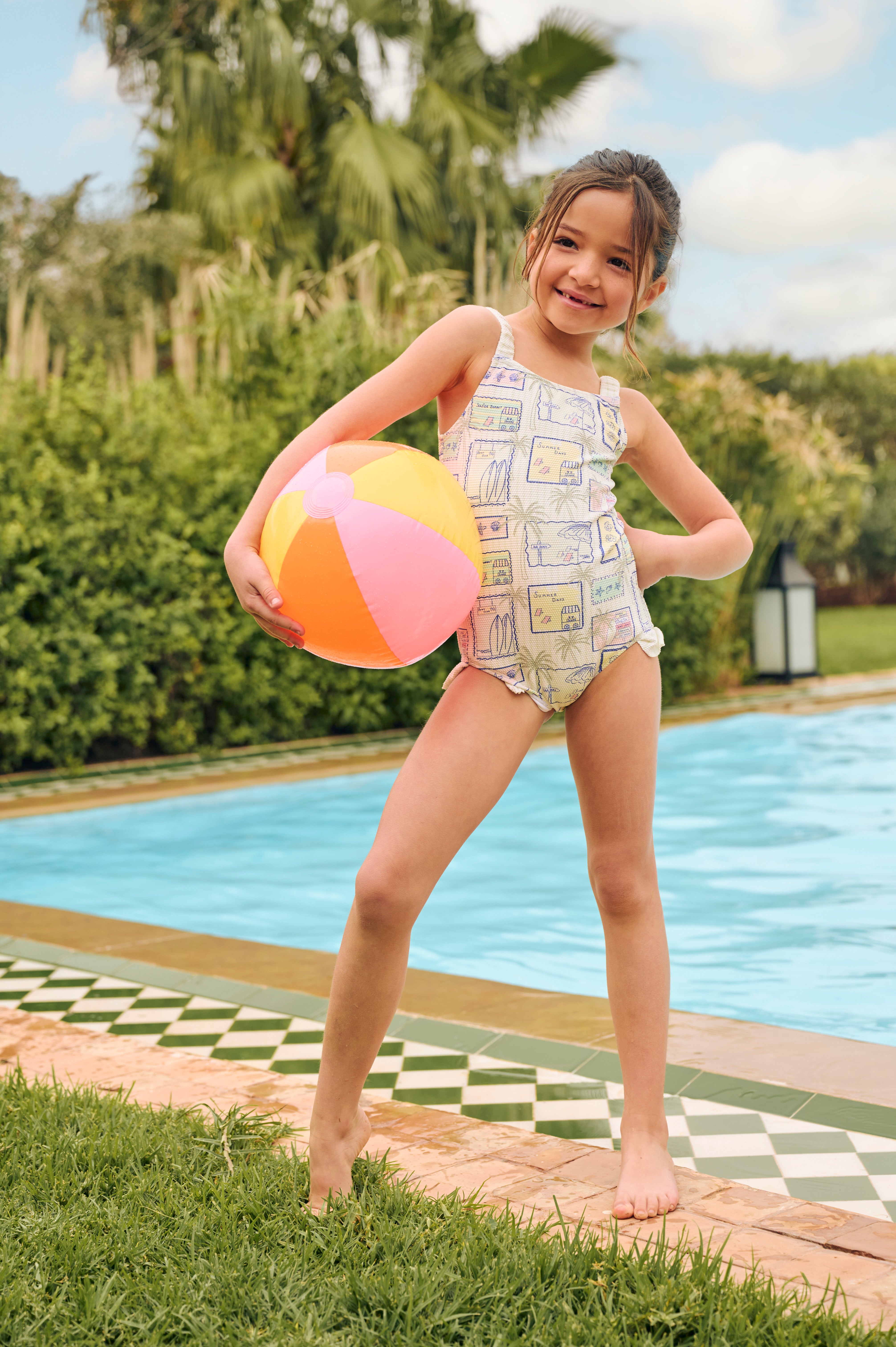 Emmie Postcard Print Frill Detail Swimsuit