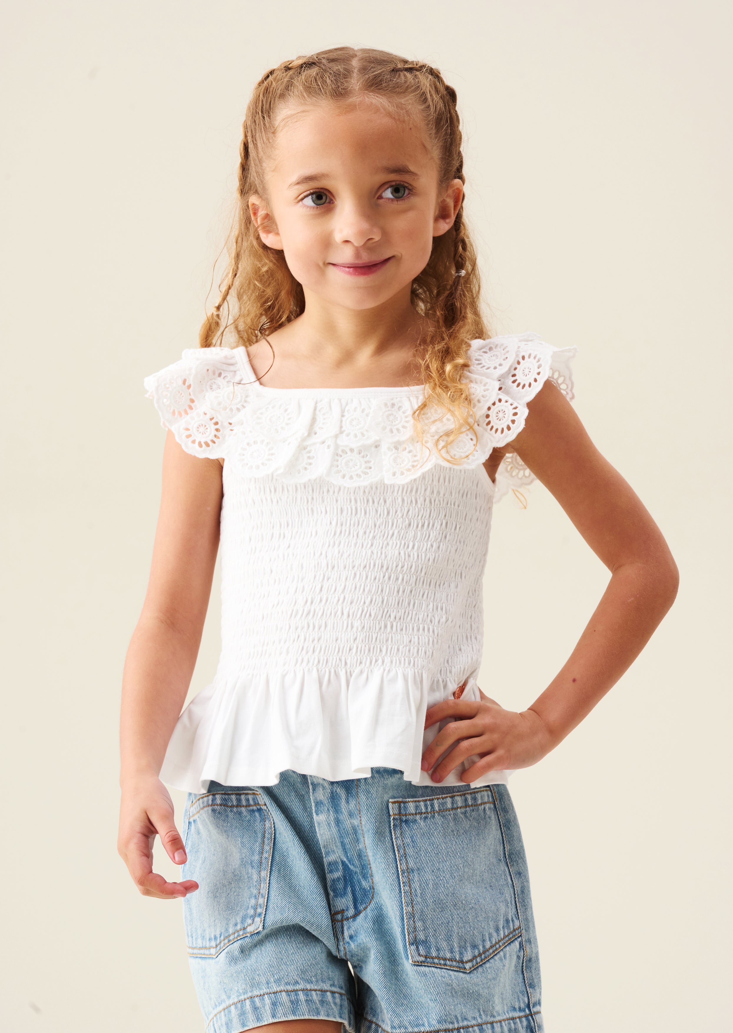 Charlie Broderie Frill Shirred Vest Top