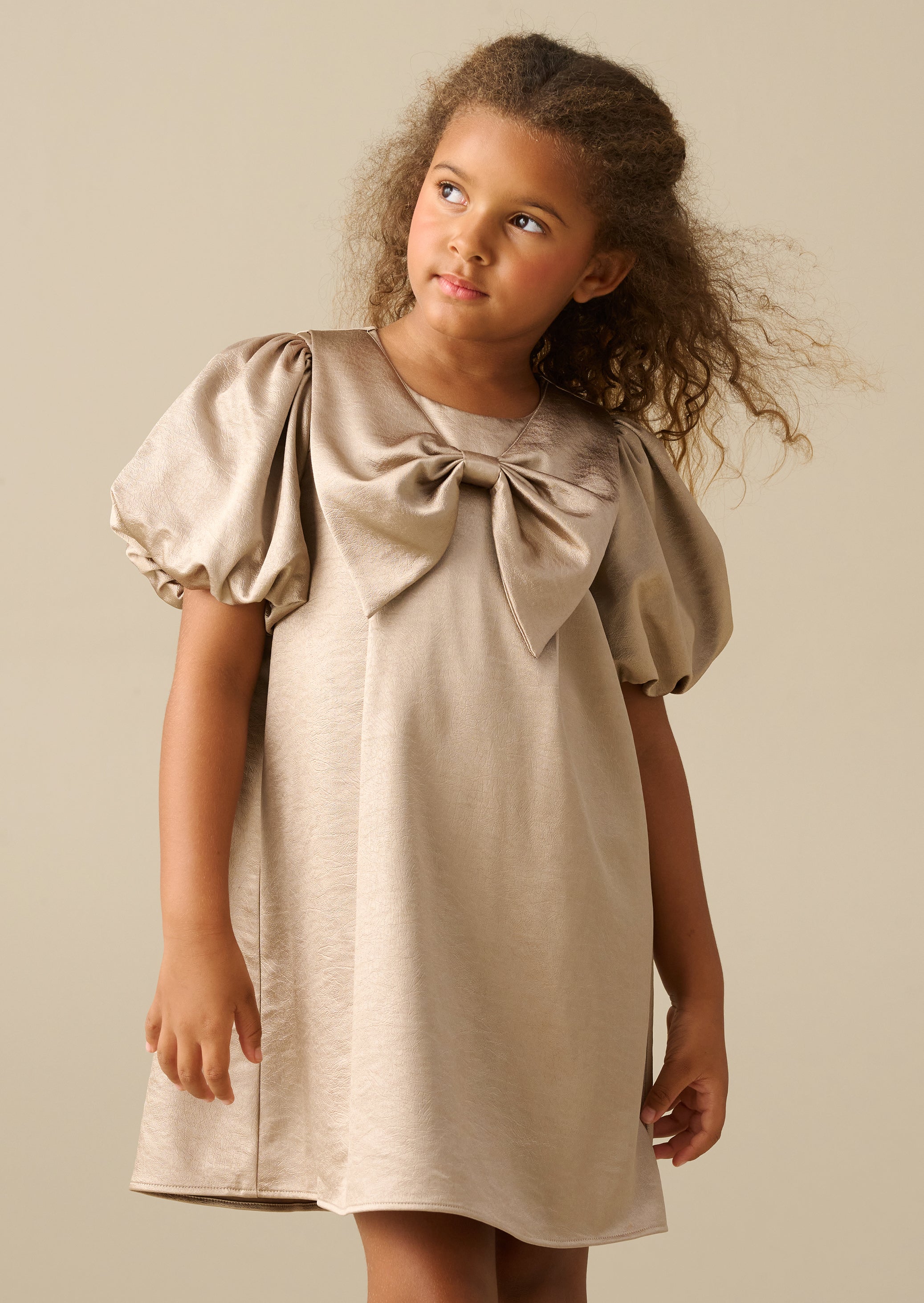 Nadia Satin Puff Sleeve Bow Collar Shift Dress