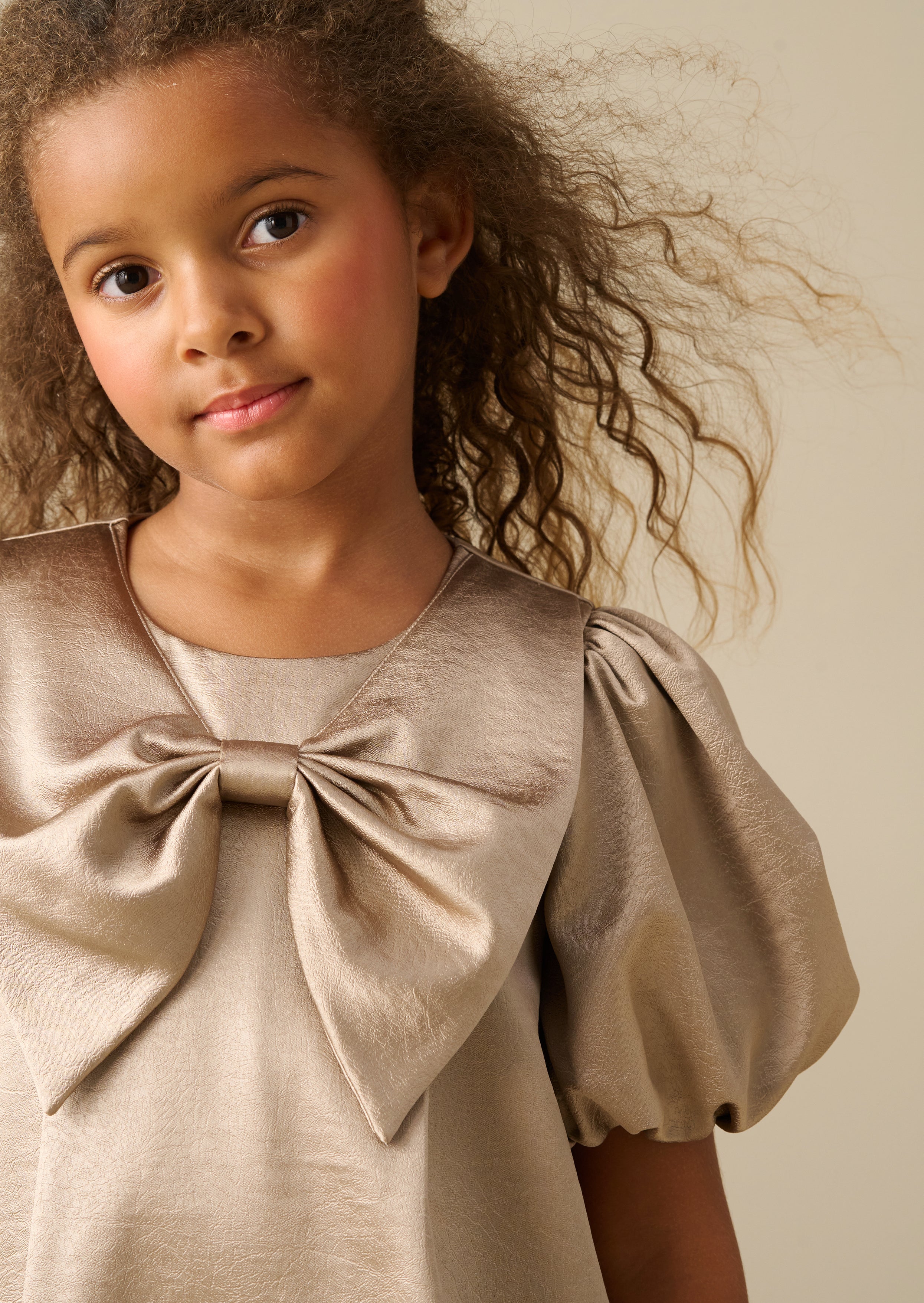 Nadia Satin Puff Sleeve Bow Collar Shift Dress