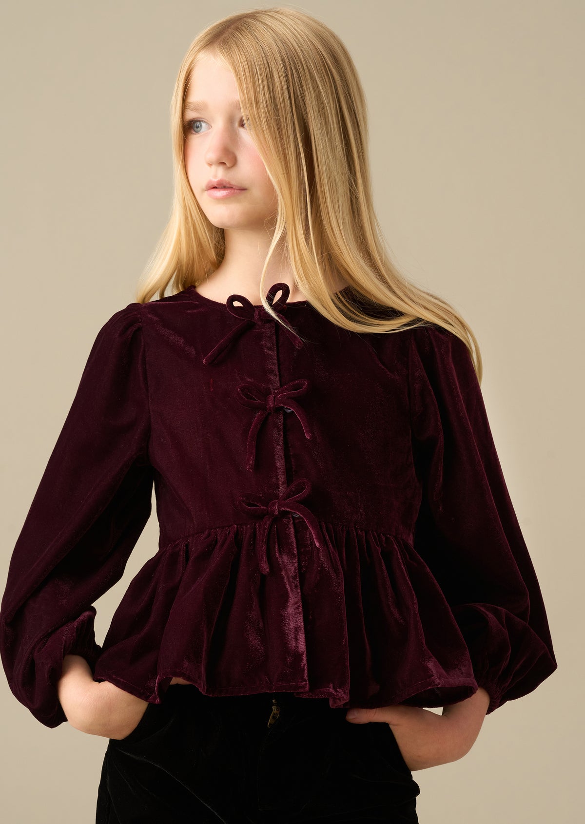 Hattie Burgundy Bow Peplum Long Sleeve Top