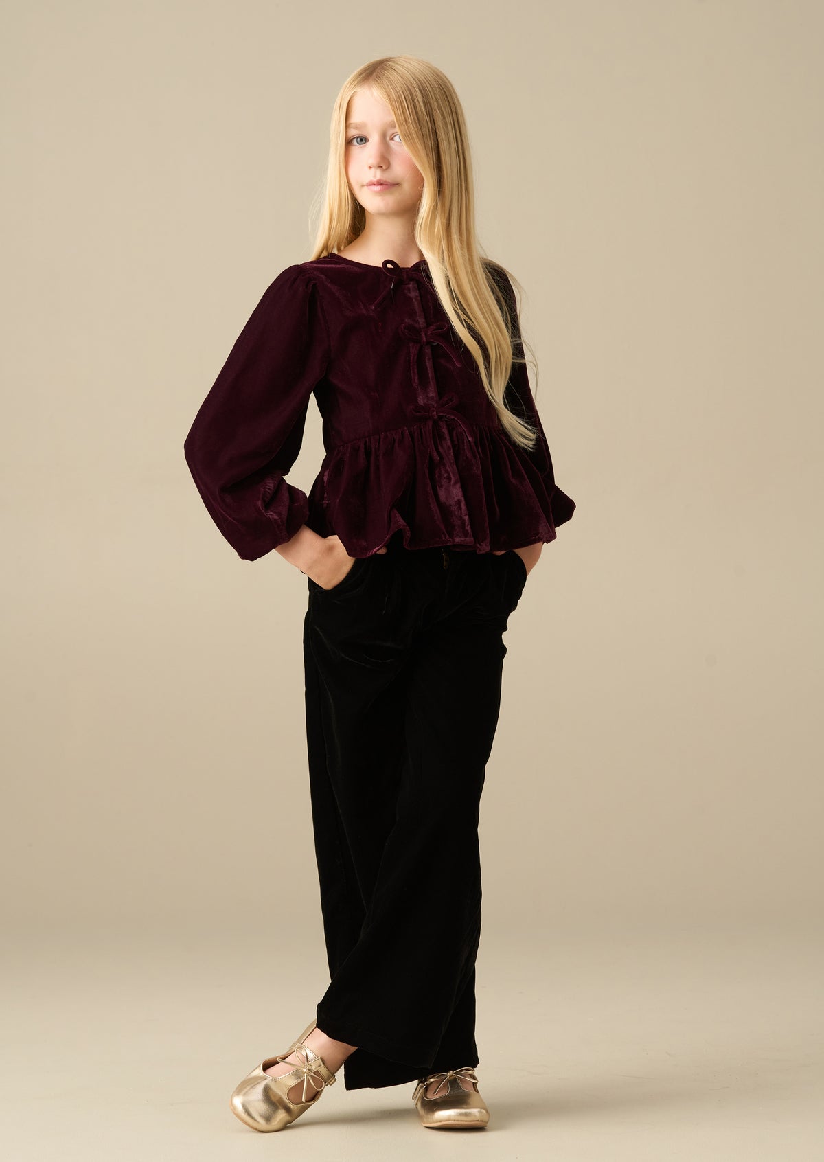 Hattie Burgundy Bow Peplum Long Sleeve Top