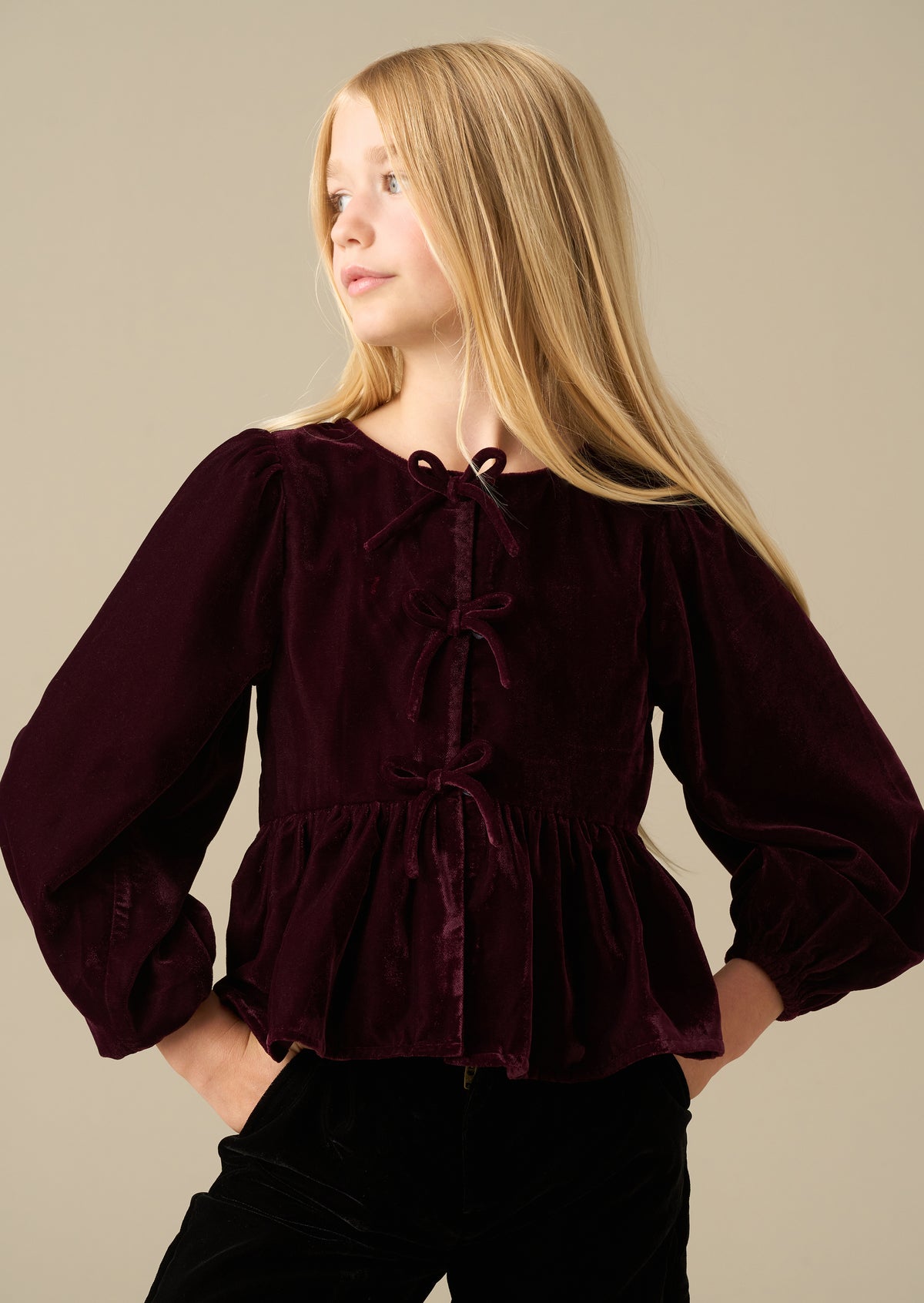 Hattie Burgundy Bow Peplum Long Sleeve Top