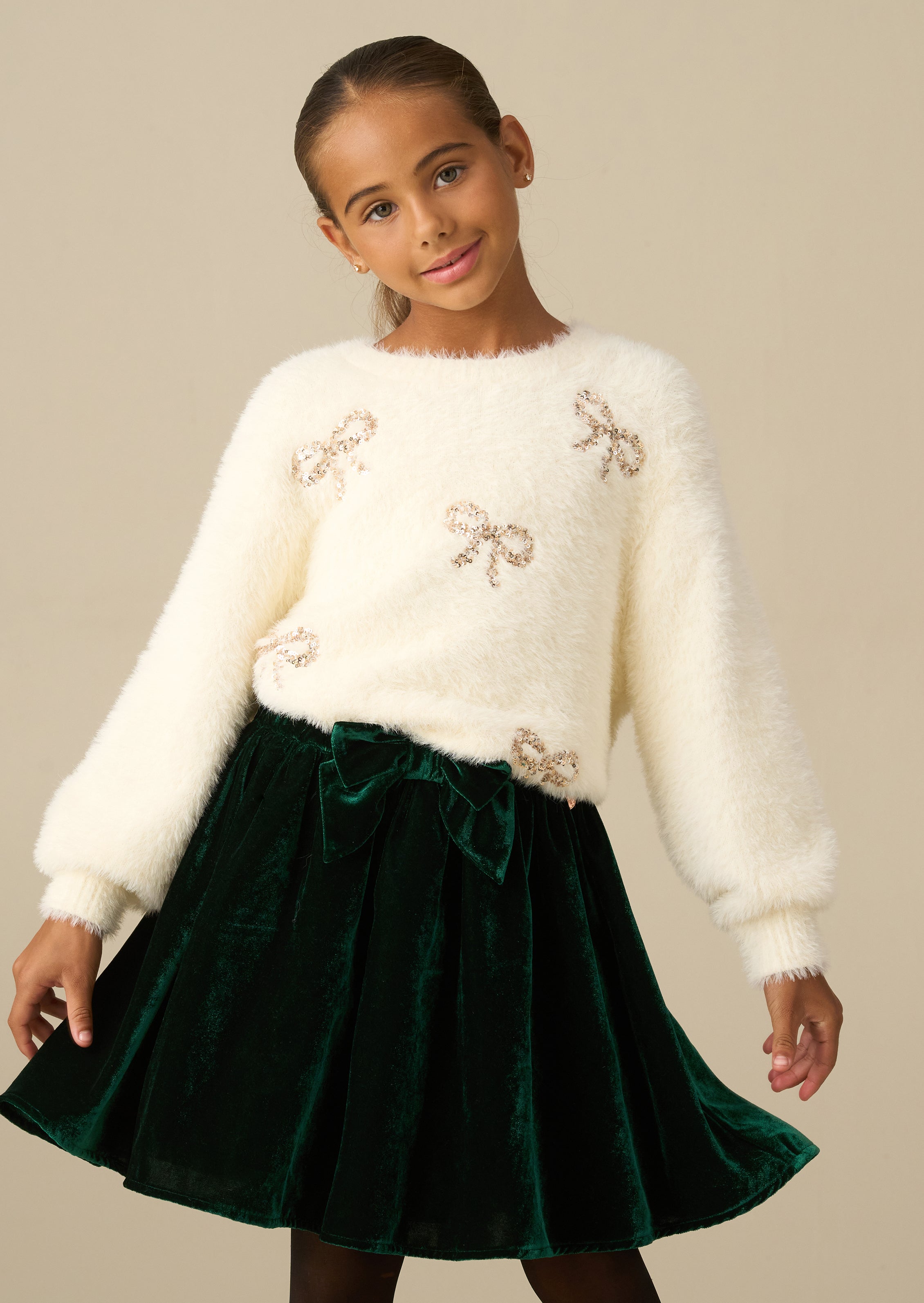 Laila Cream Embellished Bow Eyelash Jumper