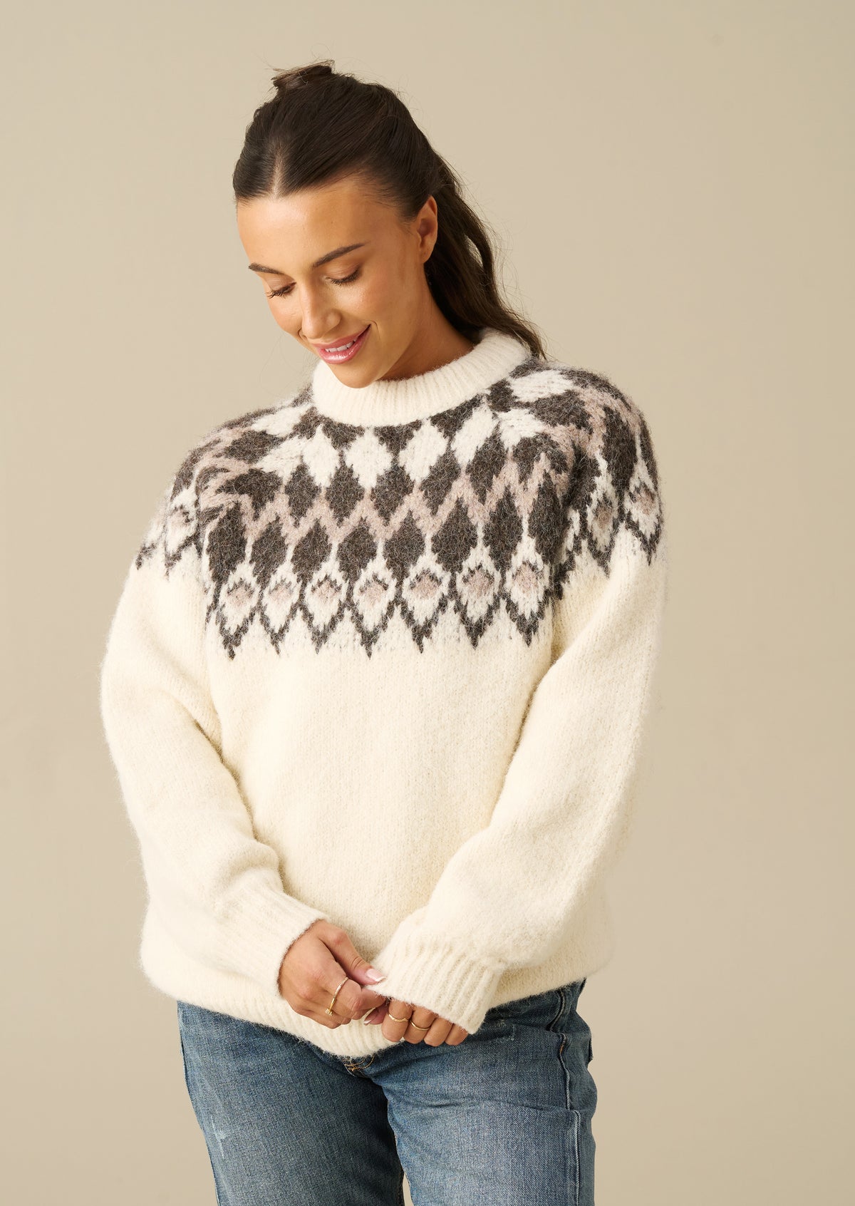 Jersey de punto Fairisle familiar color crema Charlie